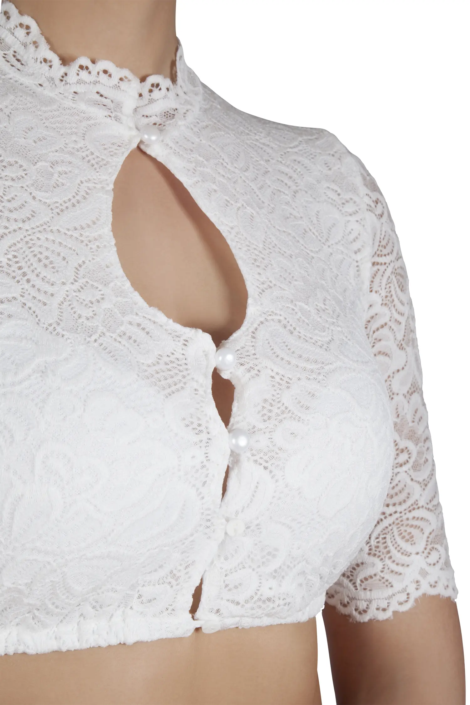 Dirndlbluse Amerika in offwhite mit O-Ausschnitt - Detail Ausschnitt