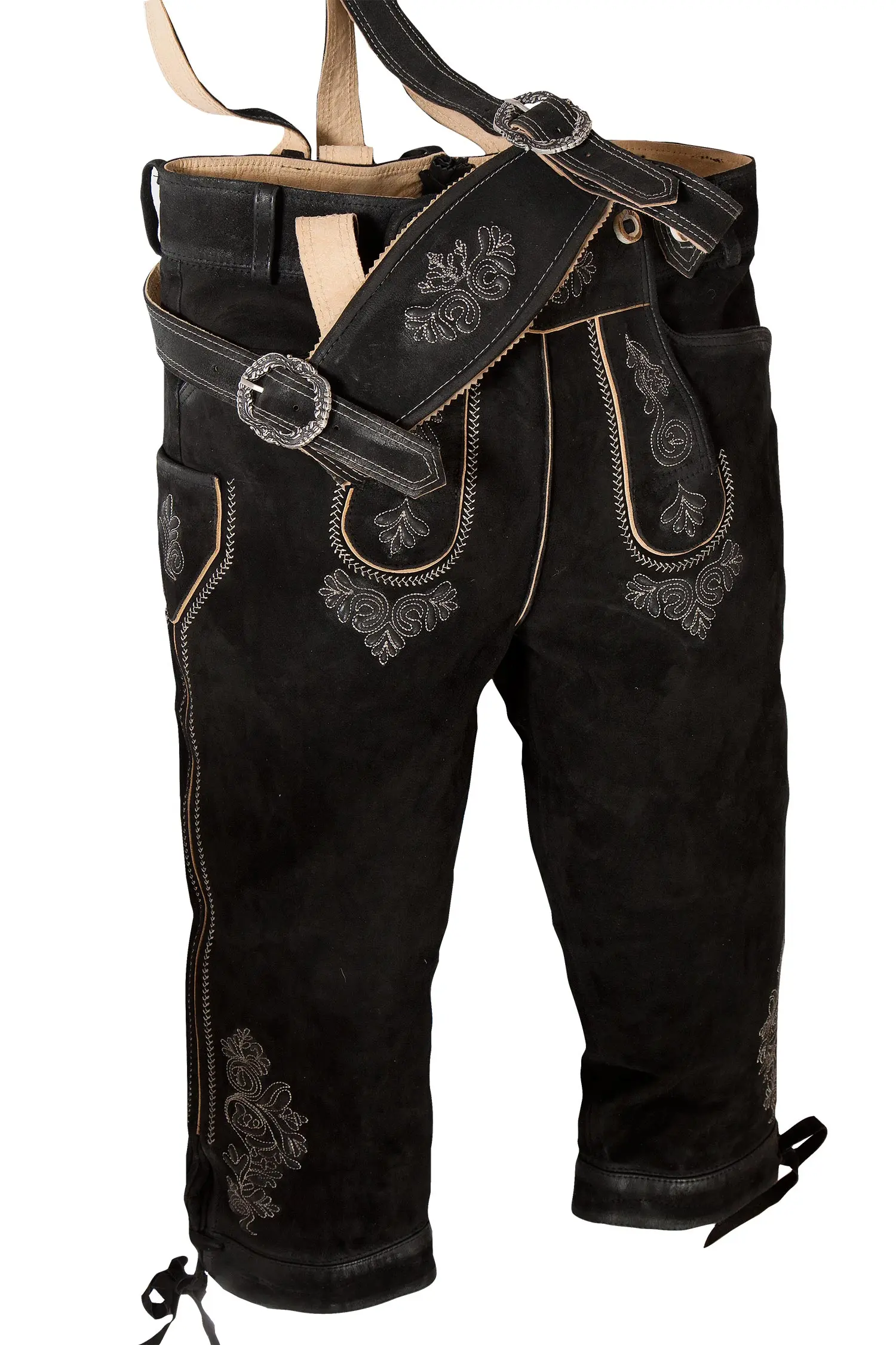 lederhose-kniebund-schwarz-1620-0566-sw5-20-02d-6098-a Kniebund Lederhose Justin in schwarz mit Träger