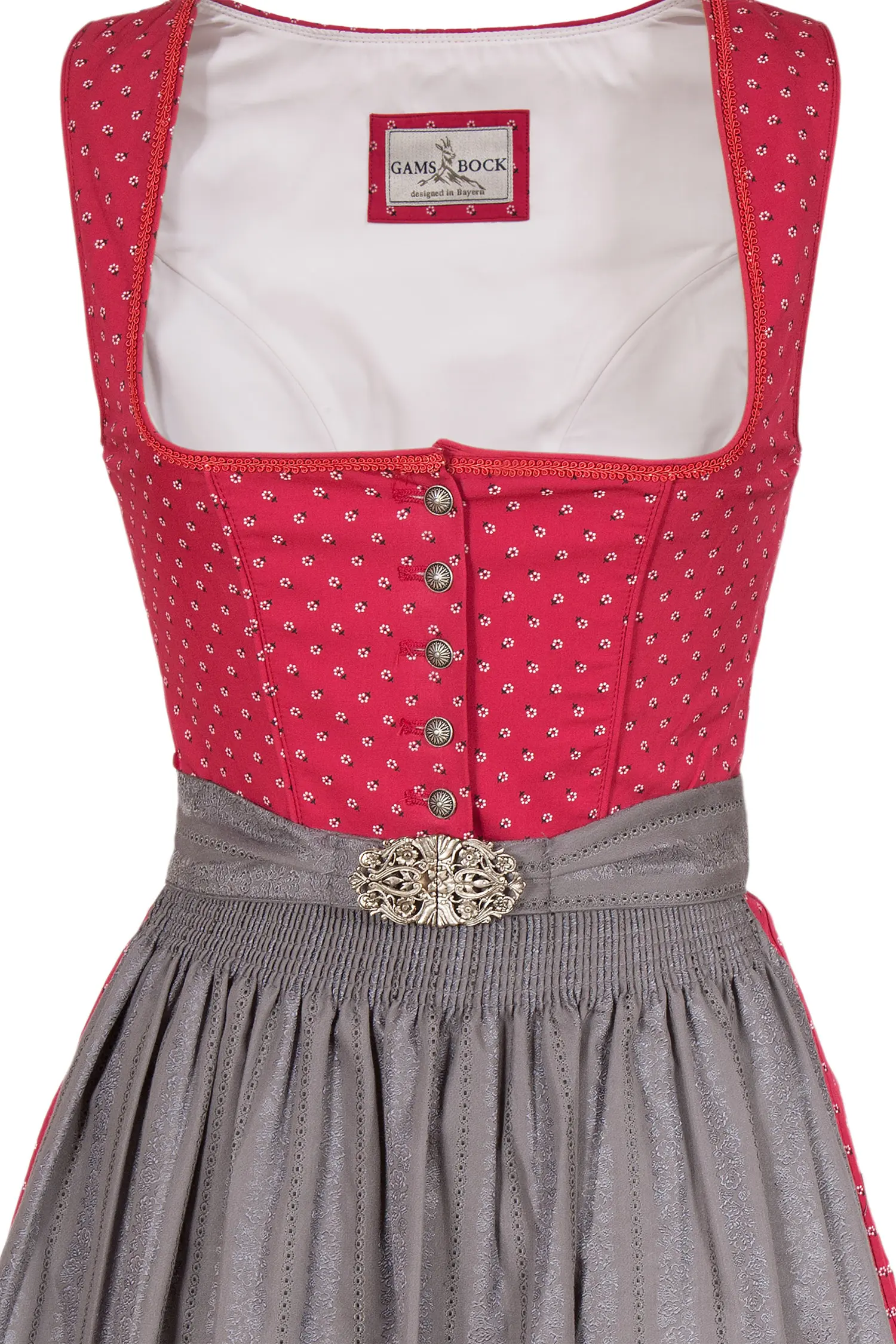 Midi Dirndl in beere rot mit dunkelgrauer Schürze Mieder