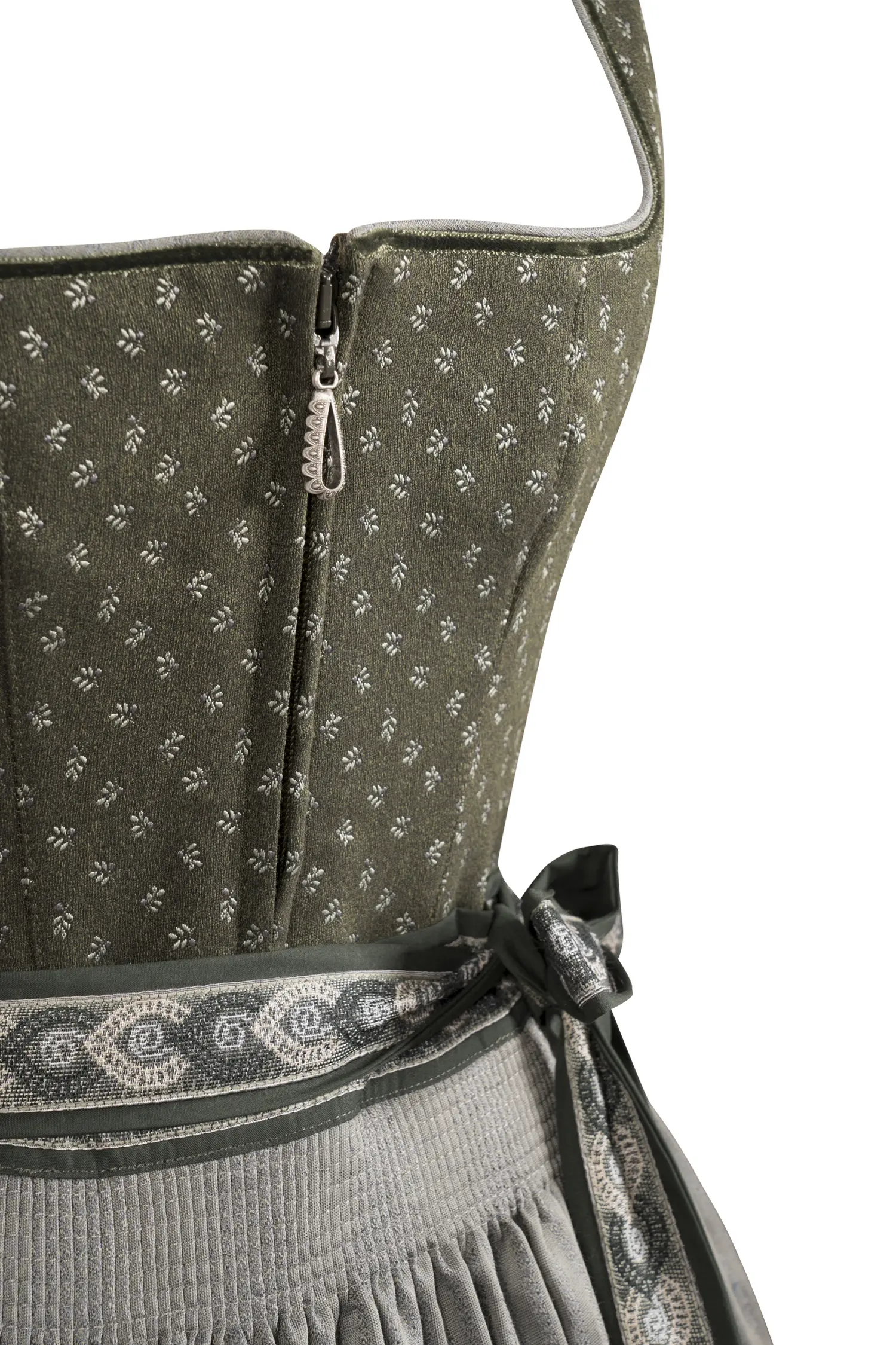 Exclusives Stretch-Dirndl in oliv - Detail Mieder