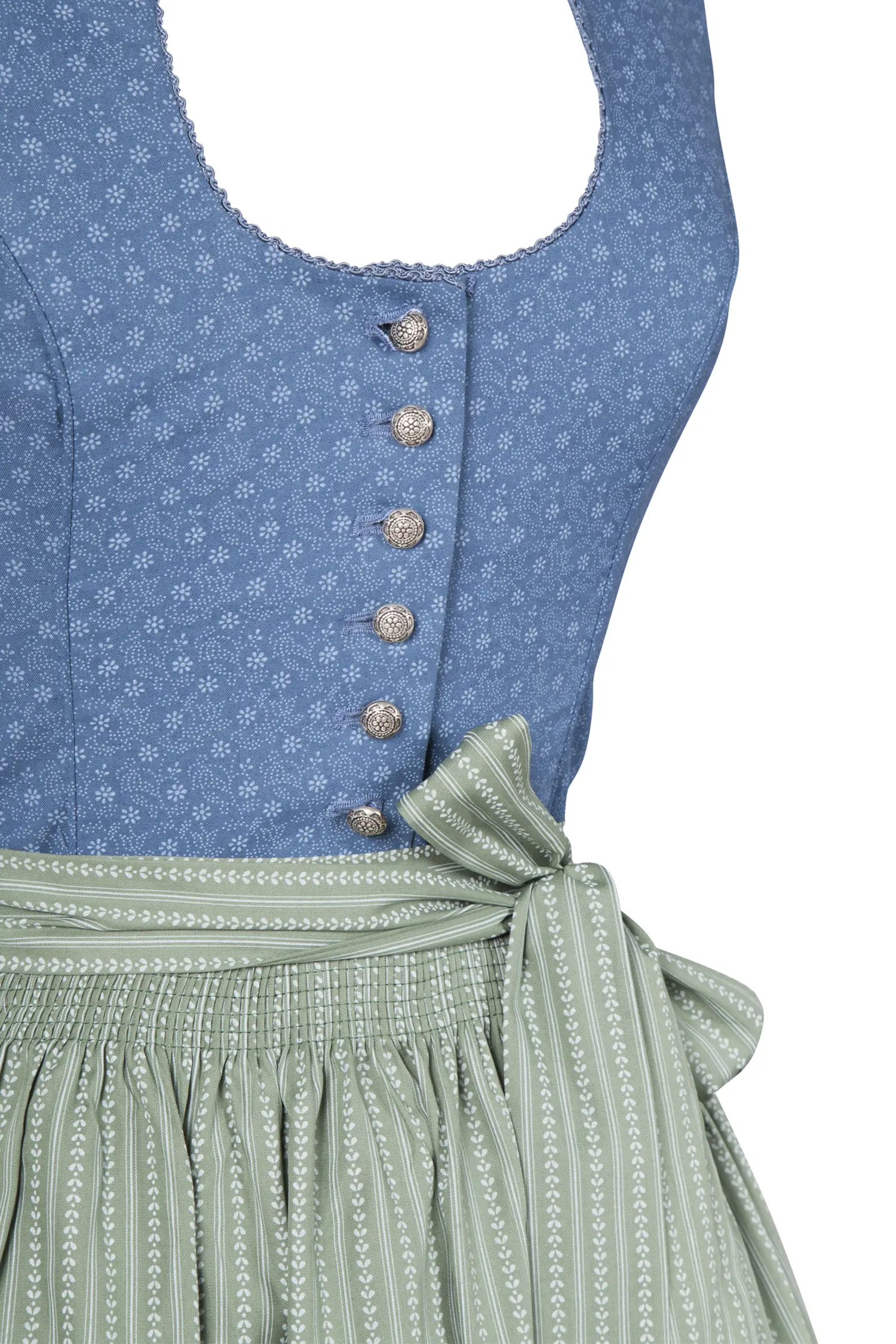 Dirndl Leila in blau / salbei mit Schneewittchenkragen - Detail Mieder