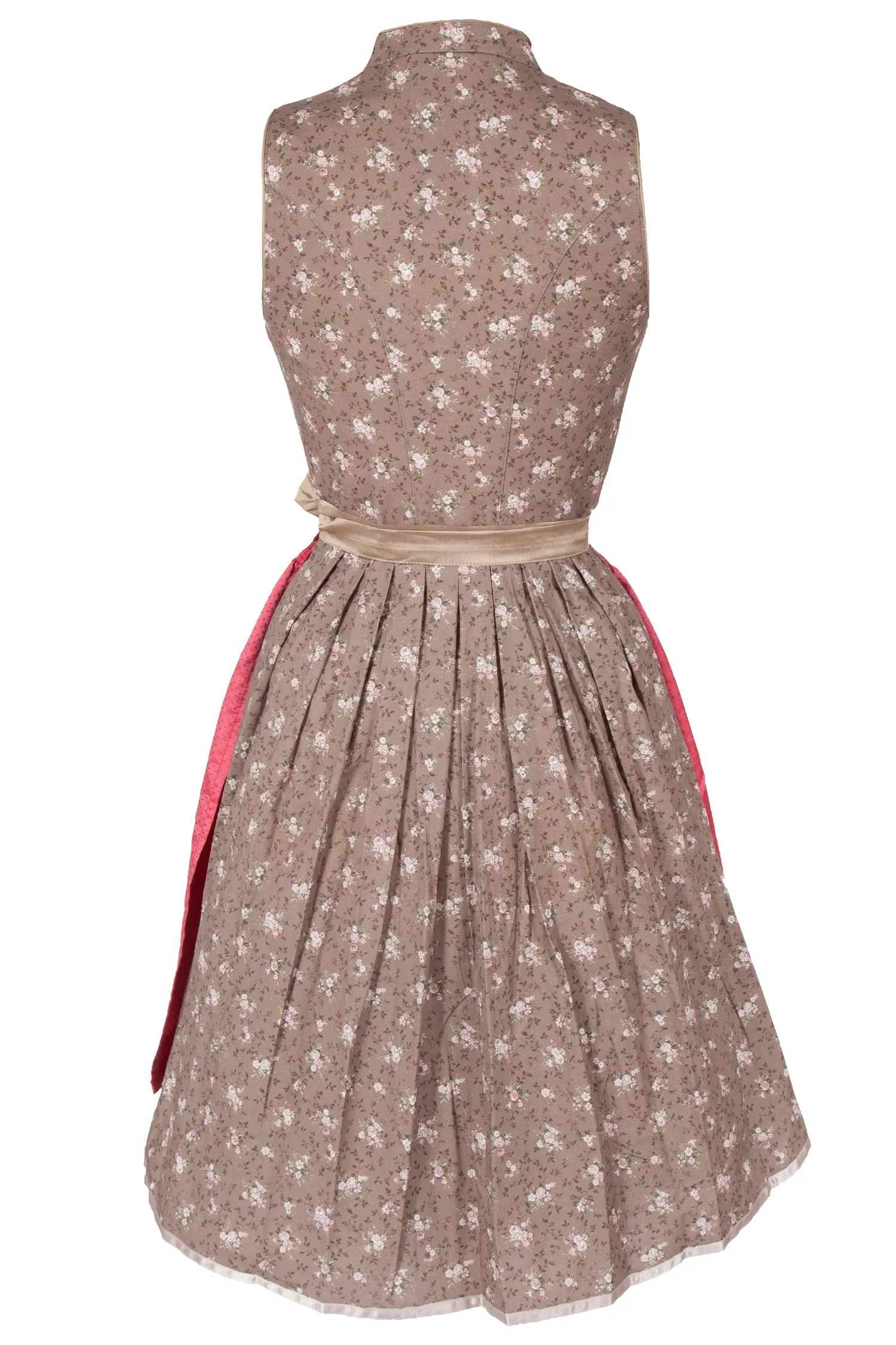 Mini Dirndl in braun mit Glanzschürze in erdbeerrot hinten