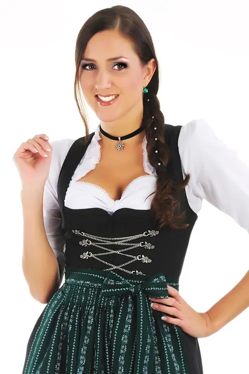 3046-1217-sw5-03 Langes Dirndl Amber schwarz mit Kettenschnürung - Detail Mieder