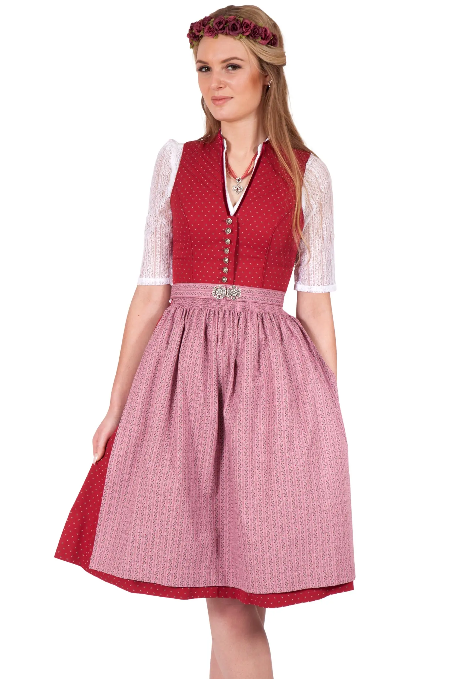 Midi Dirndl Ulrike hochgeschlossen in rot und altrosa Model