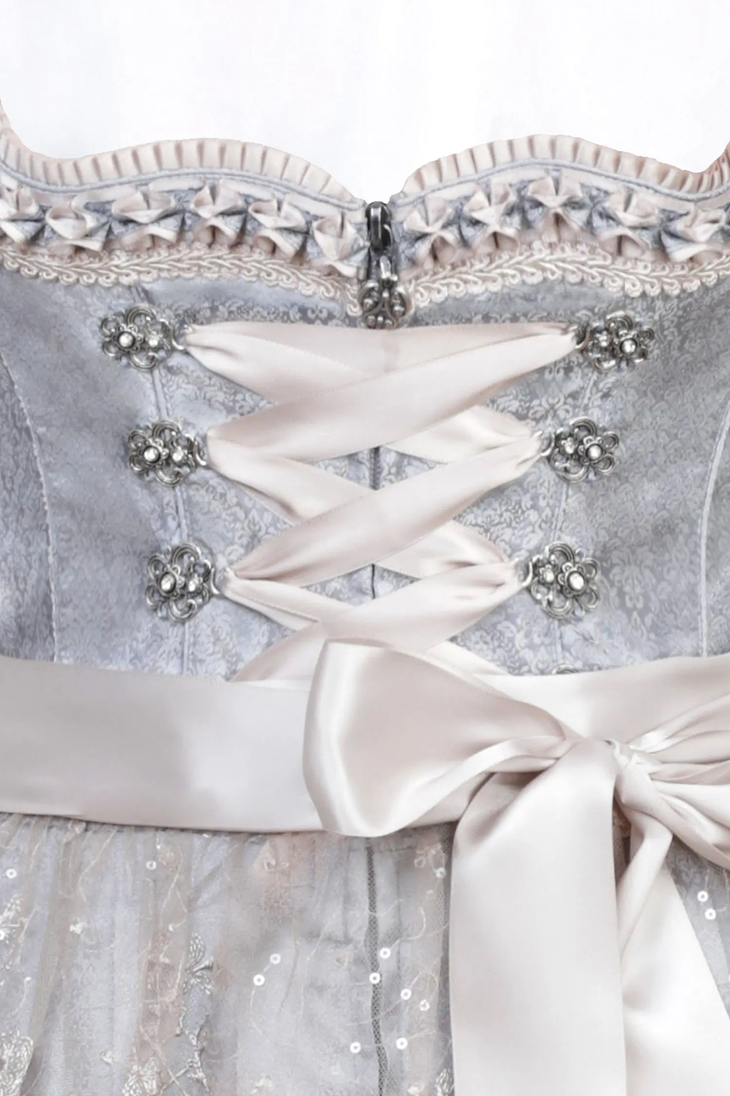 3076-0075-BL3marjo-2023d Dirndl Benita in eisblau / taupe mit Glitzerschürze 65 cm - Detail Mieder