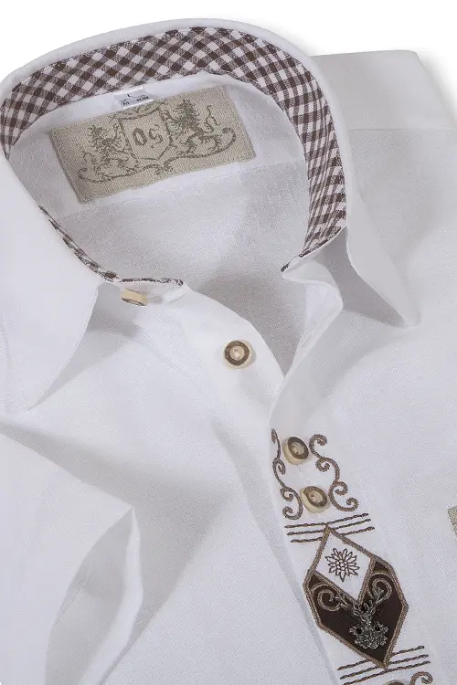 Trachtenhemd Landhaus in Leinen weiß Kurzarm mit Stickerei detail 