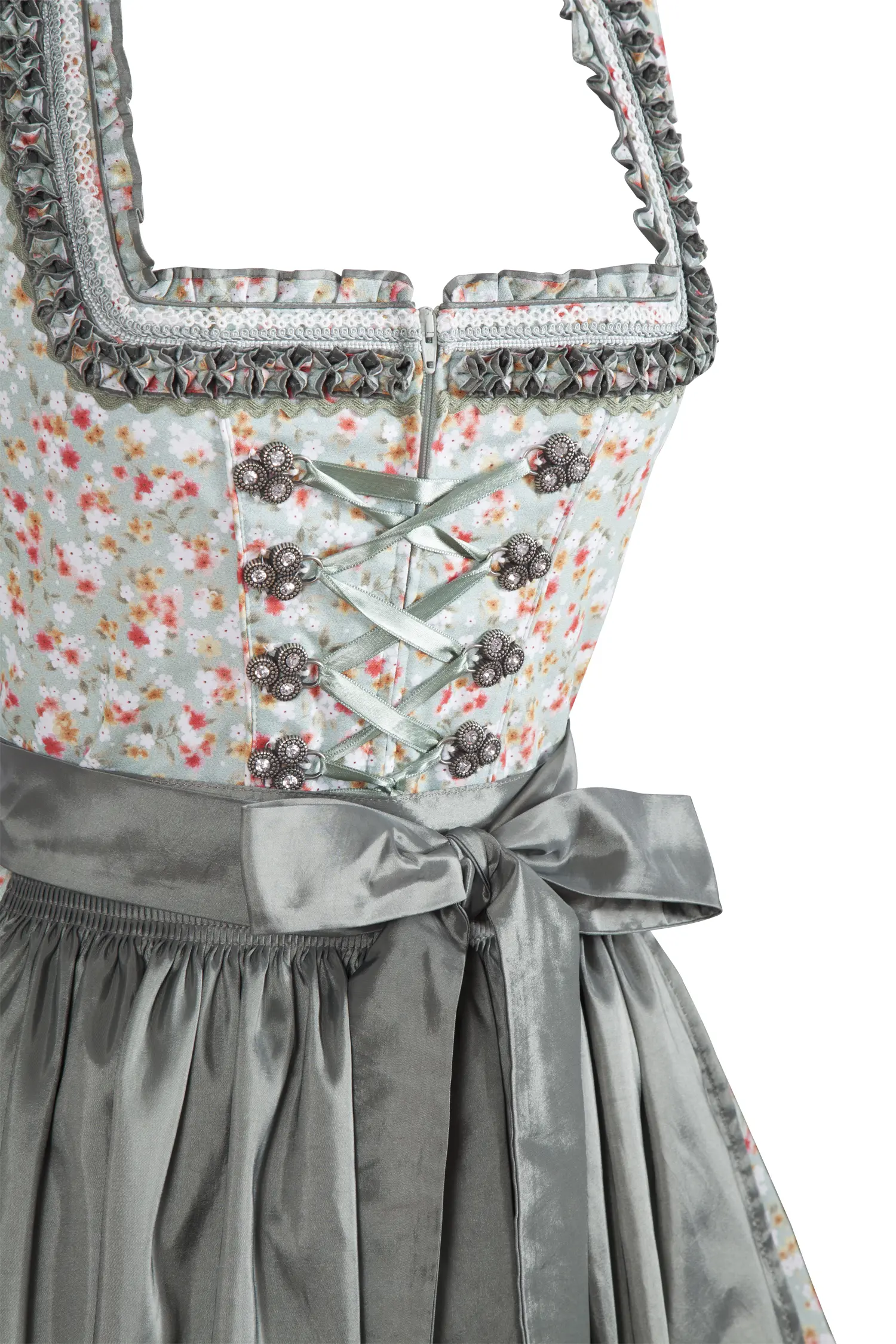Fröhliches Dirndl in verschiedenen Grüntönen - Detail Mieder
