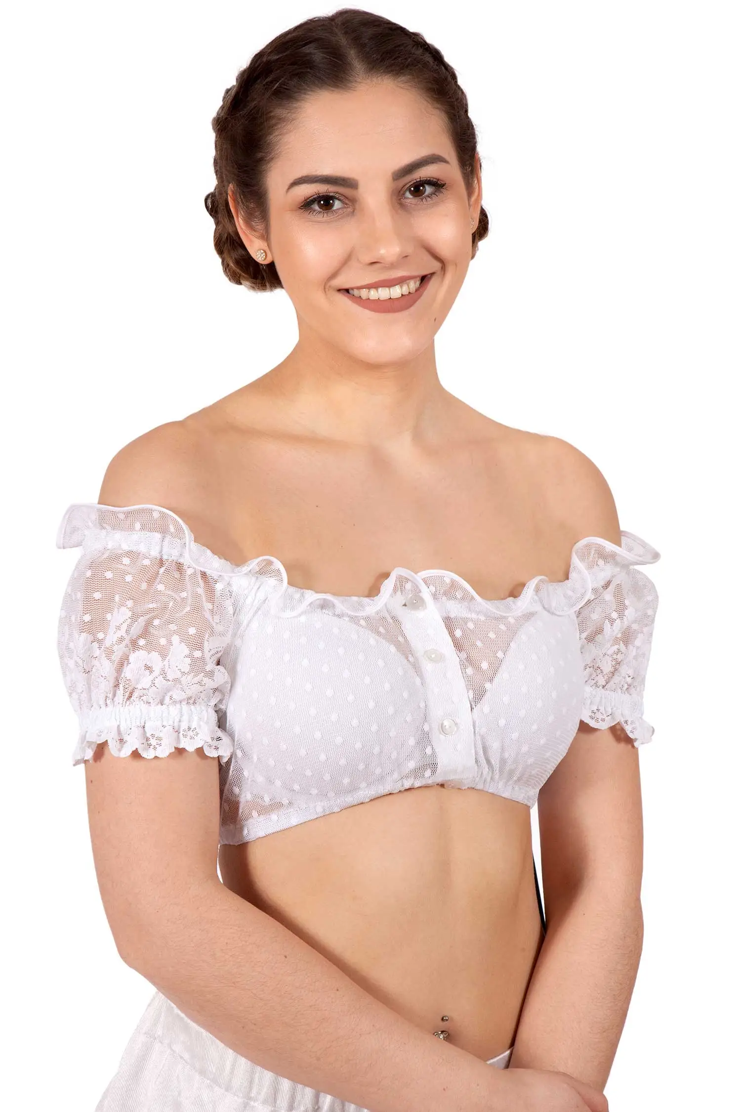 Dirndlbluse als Carmenbluse in weiß mit Punkte Muster