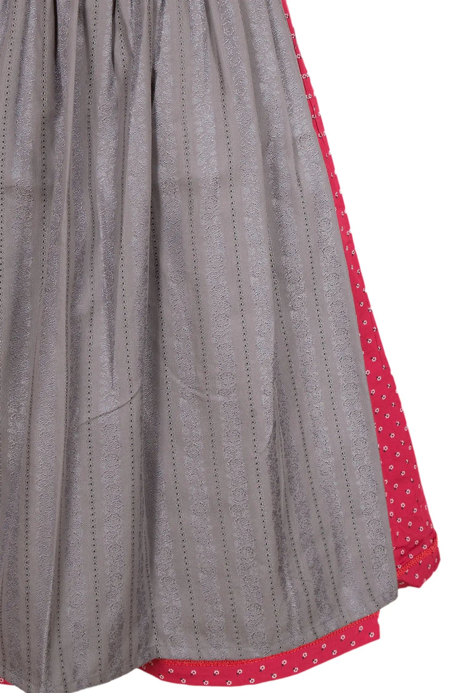 Midi Dirndl in beere rot mit dunkelgrauer Schürze Detail