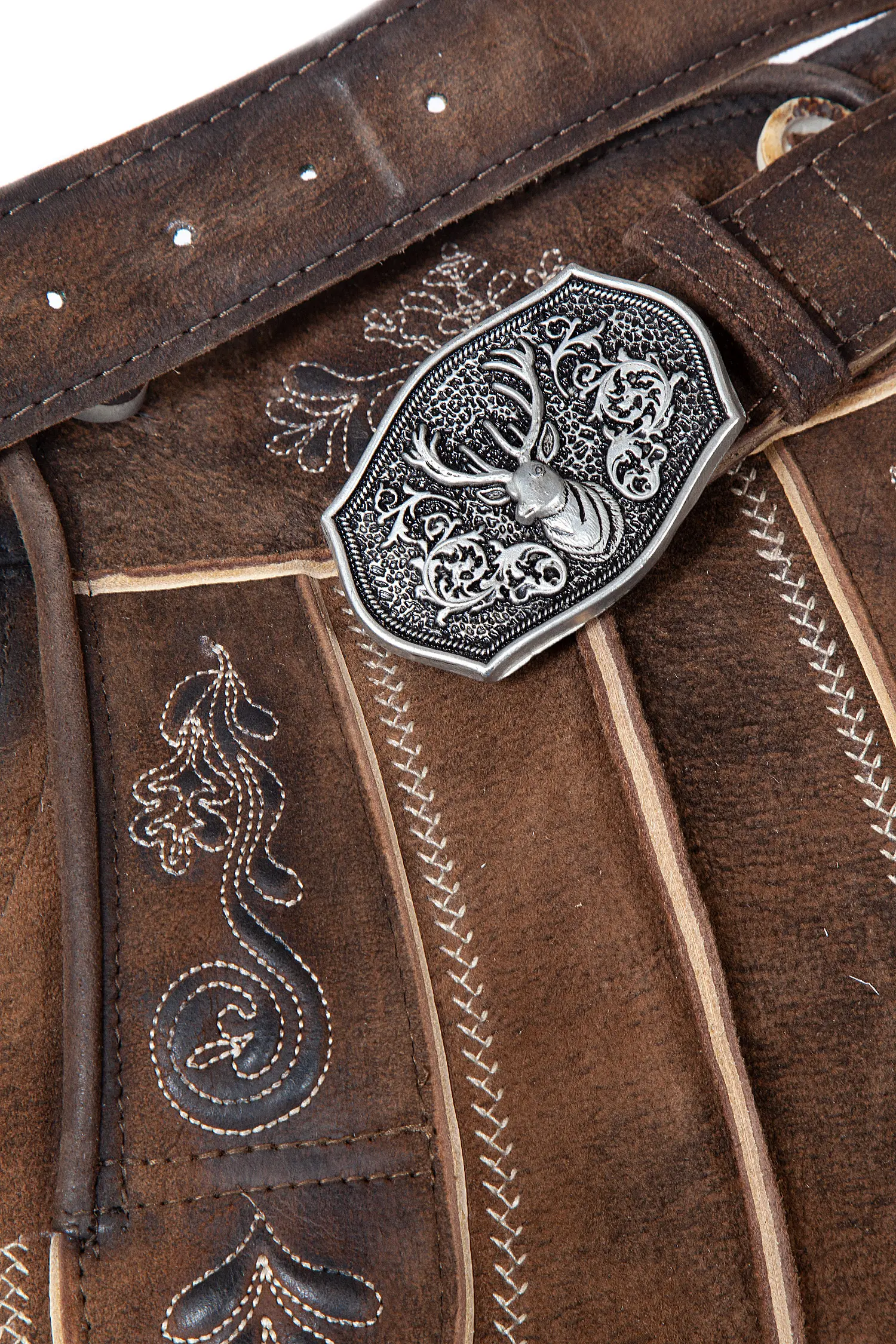 Kurze Lederhose Bertl in stein - Detail Gürtel