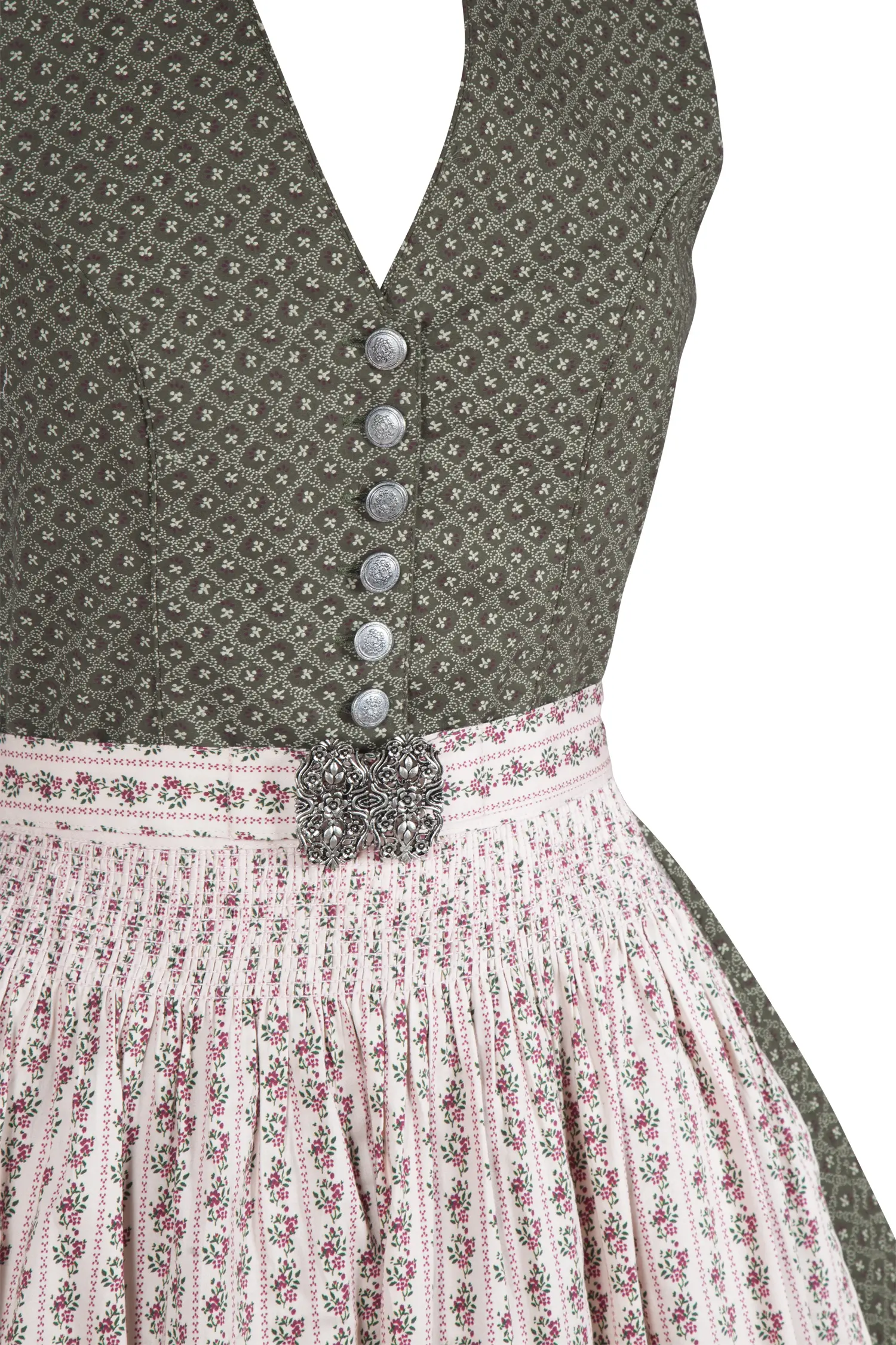 Baumwolldirndl Dan in grün mit Schließe - Detail Mieder