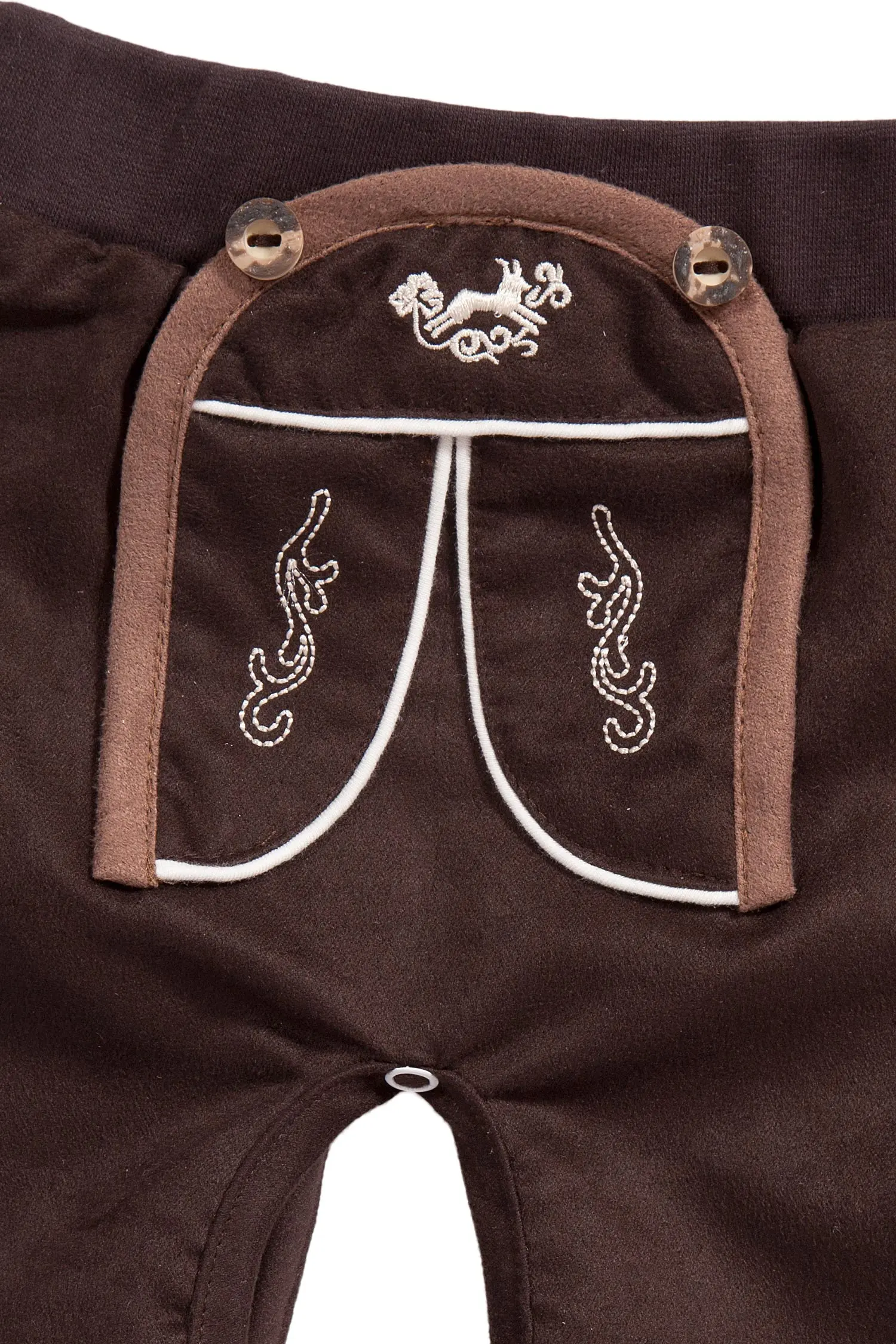 Baby Strampelhose in braun im Lederhosen Look Latz