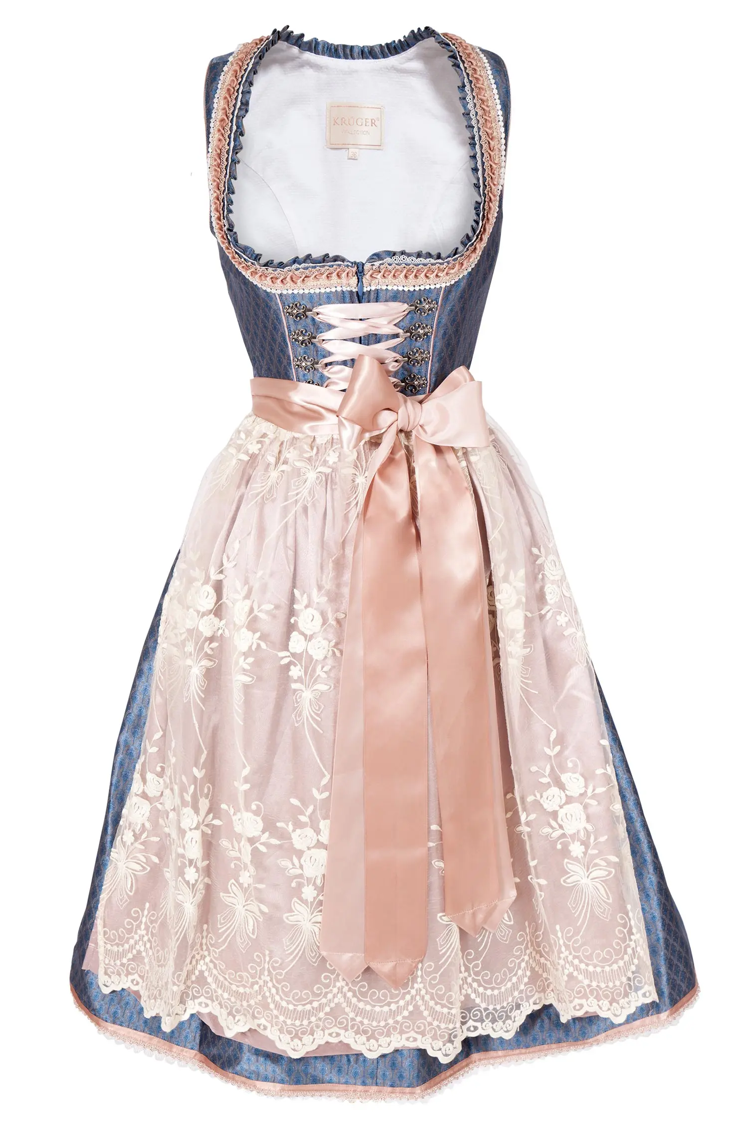 Midi Dirndl festlich in blau mit edler Schürze