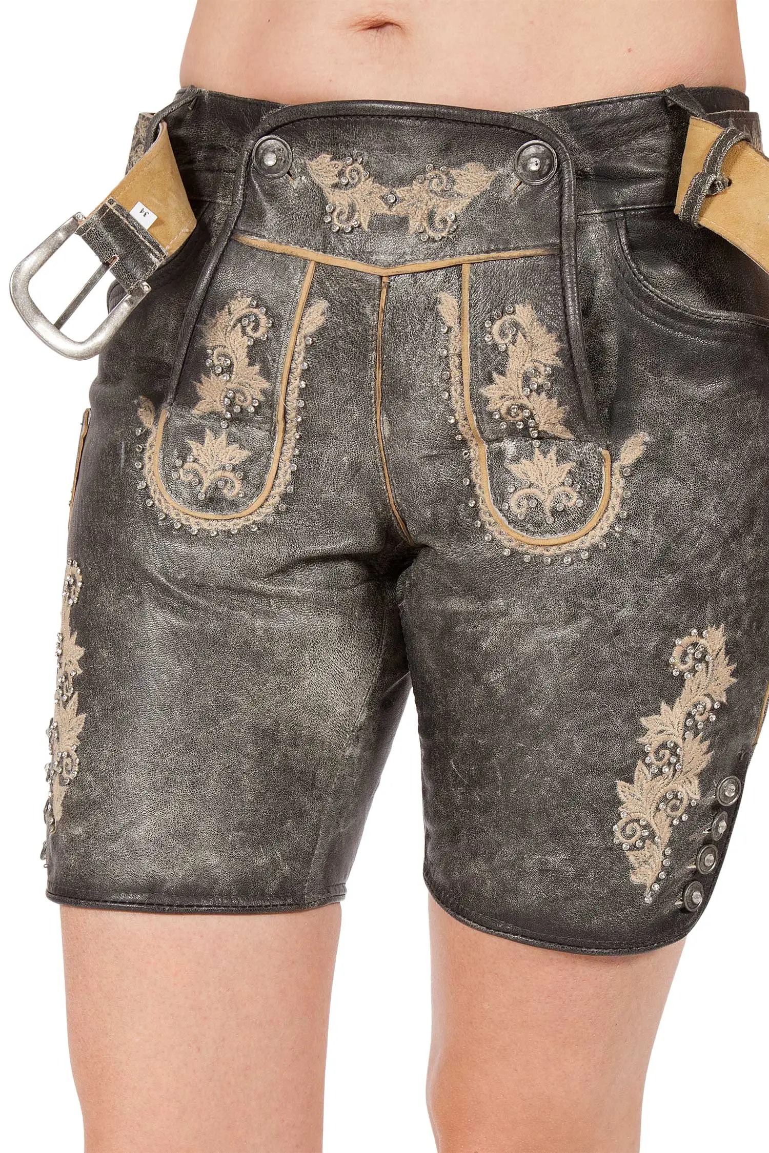 Damen Lederhose kurz in anthrazit mit Glitzer offen