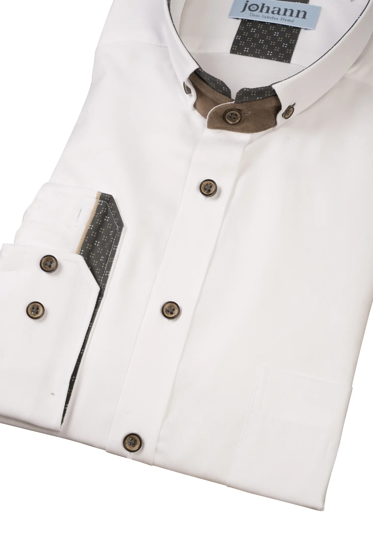 Oxford Trachtenhemd weiß mit braun / grauen Akzenten - Detail Ärmel