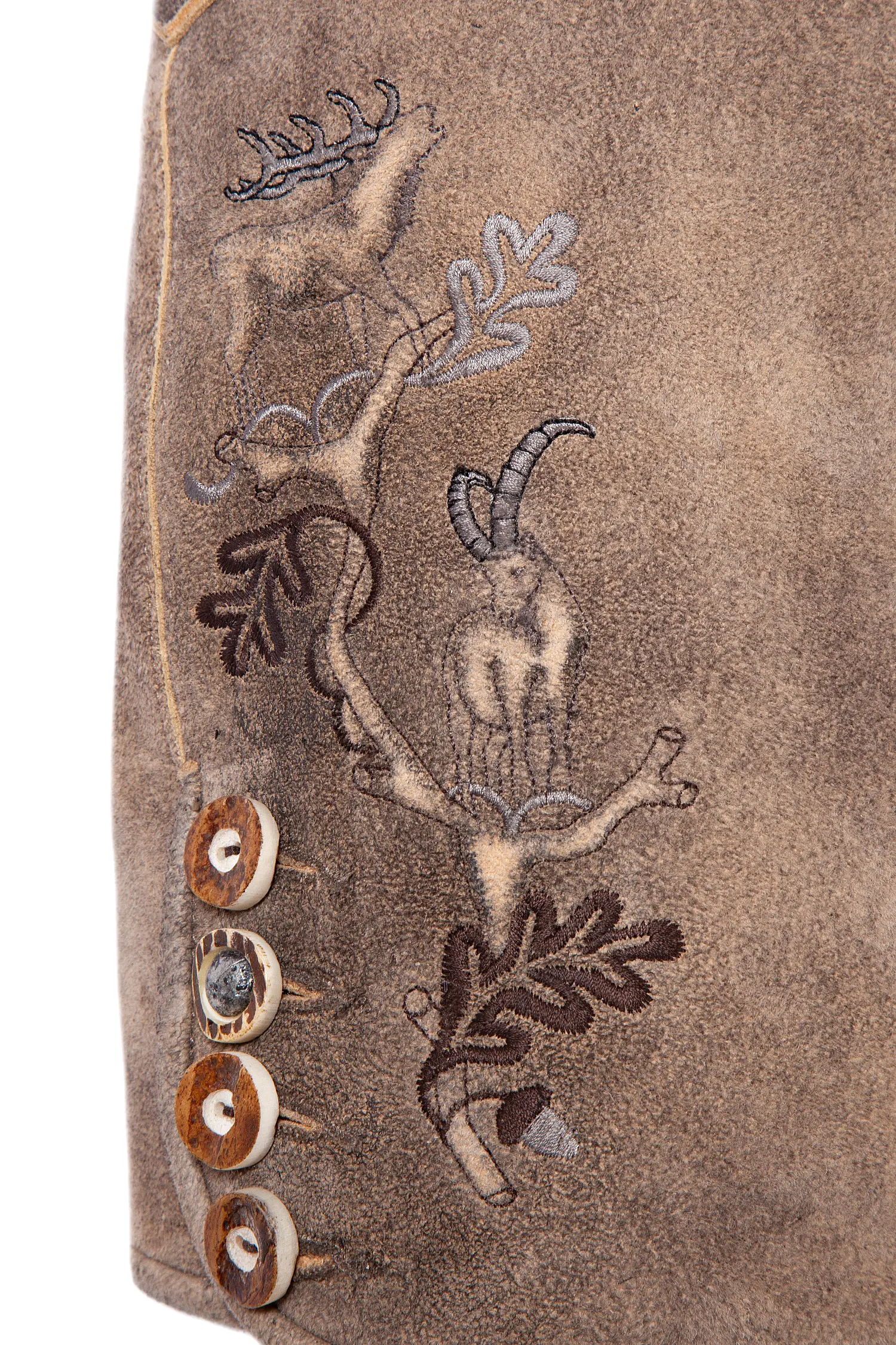 1613-1046-2db-22-06c-0486 Kurze Lederhose Seebruck in hellem braun und Gürtel Detail Bein