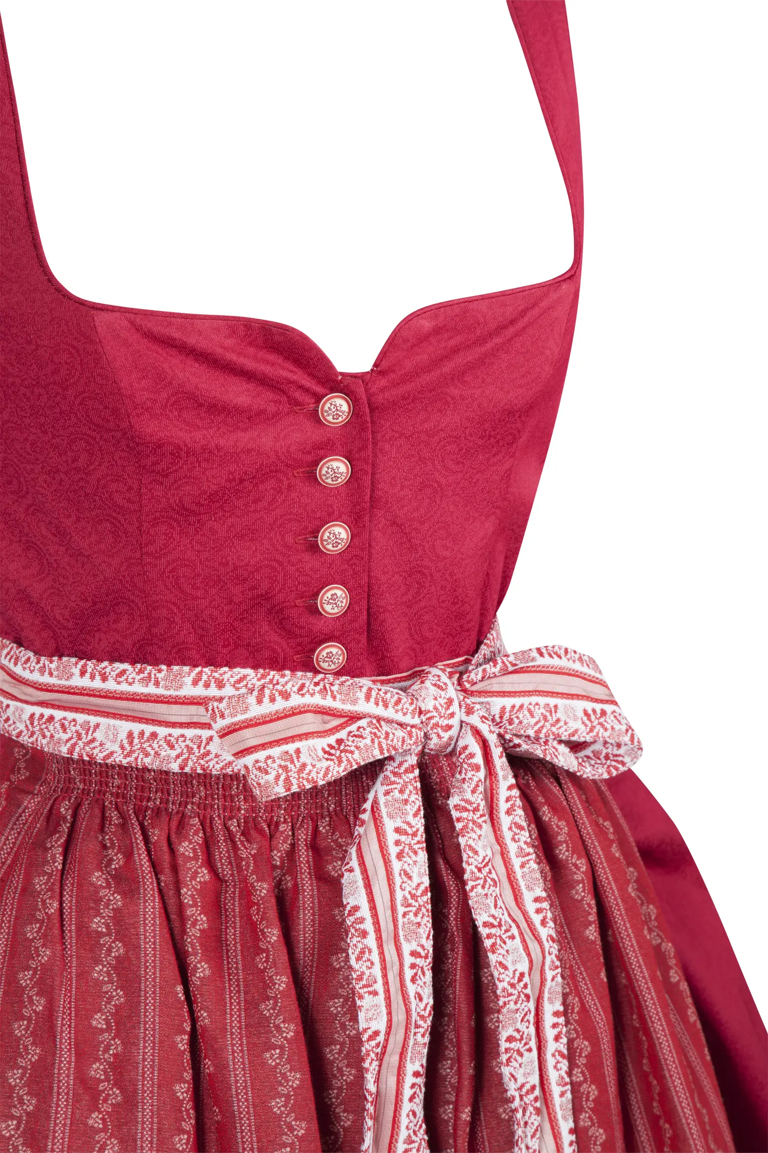 Rotes Dirndl mit auffälliger Schürze - Detail Mieder