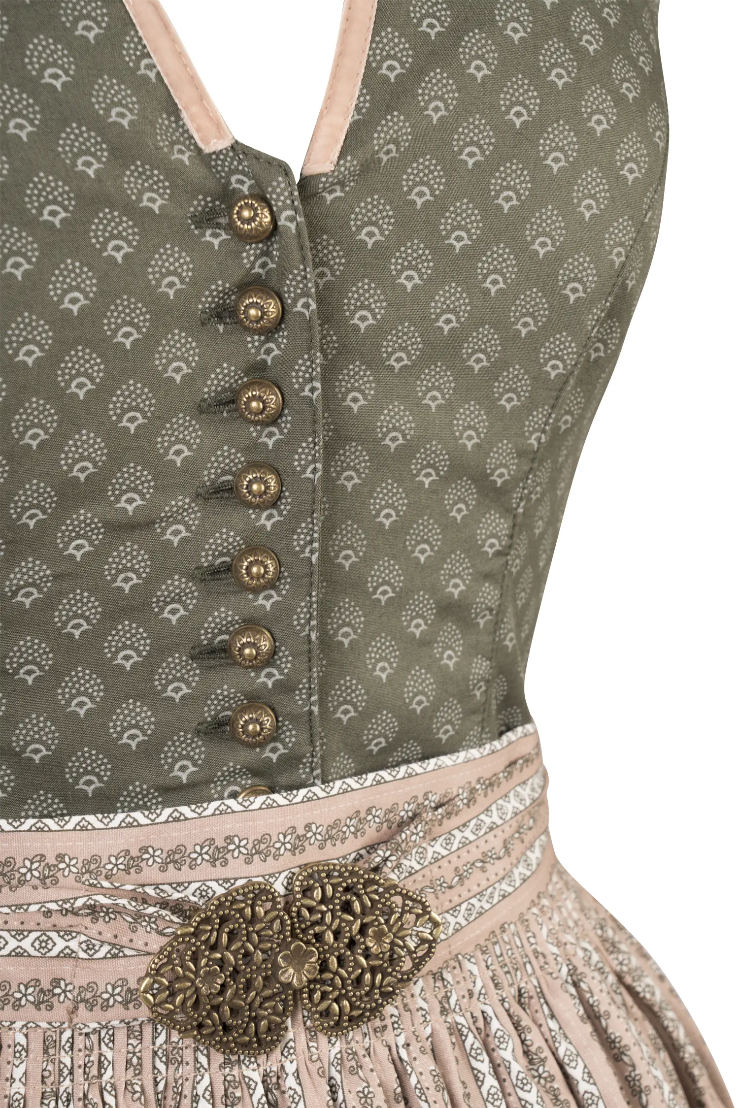 3091-1533-gn5-23-08-2802744 Dirndl Luzie in grün / altrosa mit Schließe - Detail Mieder