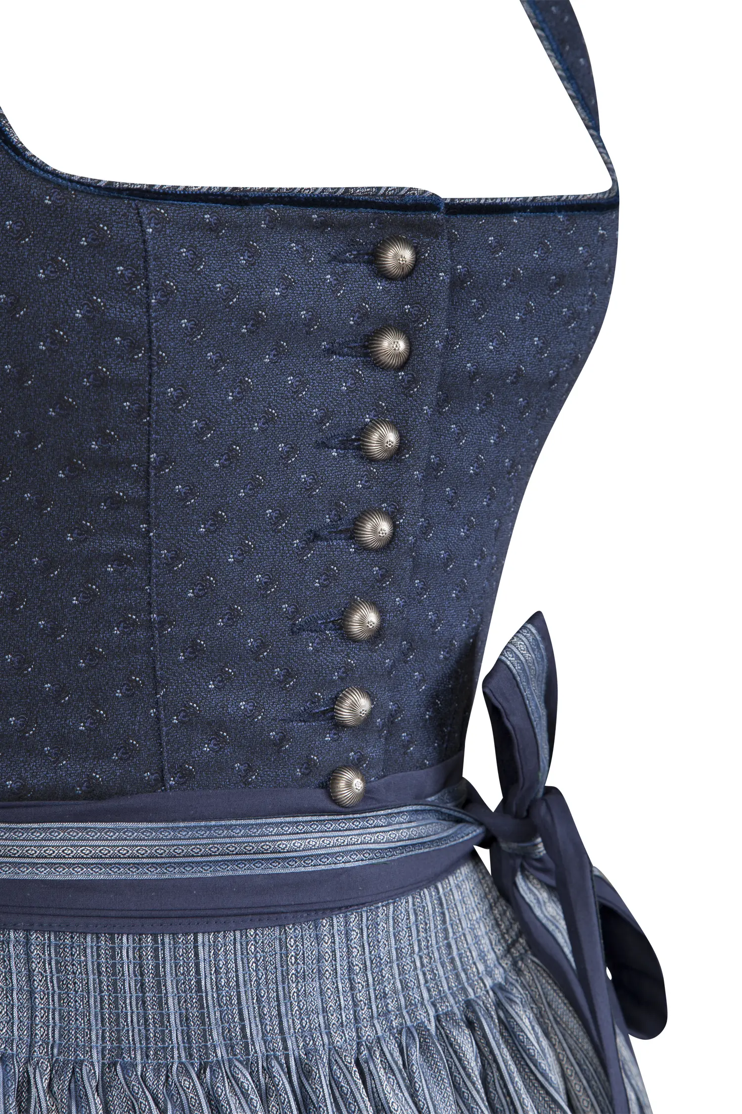 Exclusives Stretch-Dirndl in dunkelblau - Detail Mieder