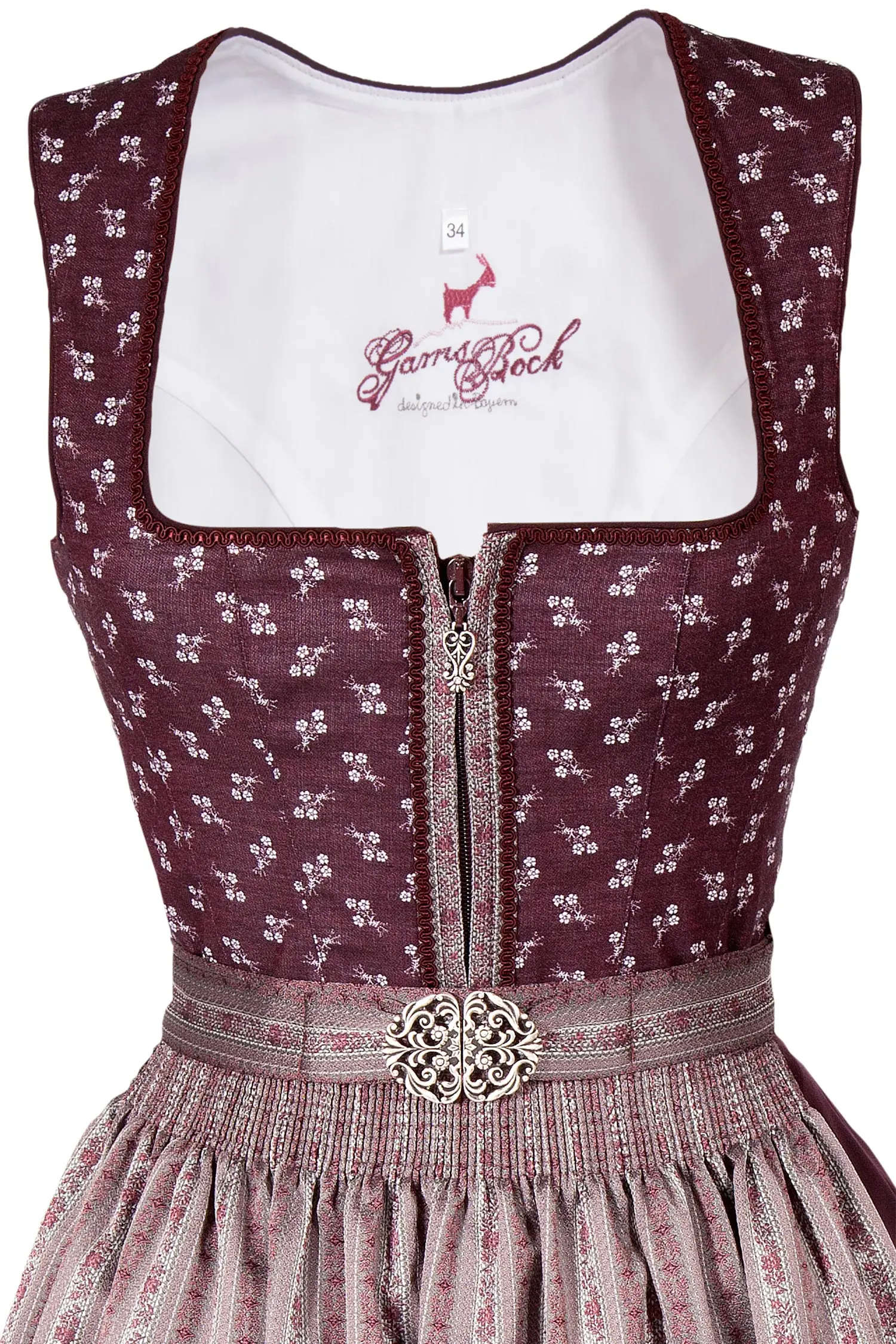 Midi Dirndl in burgund mit Reißverschluss Mieder