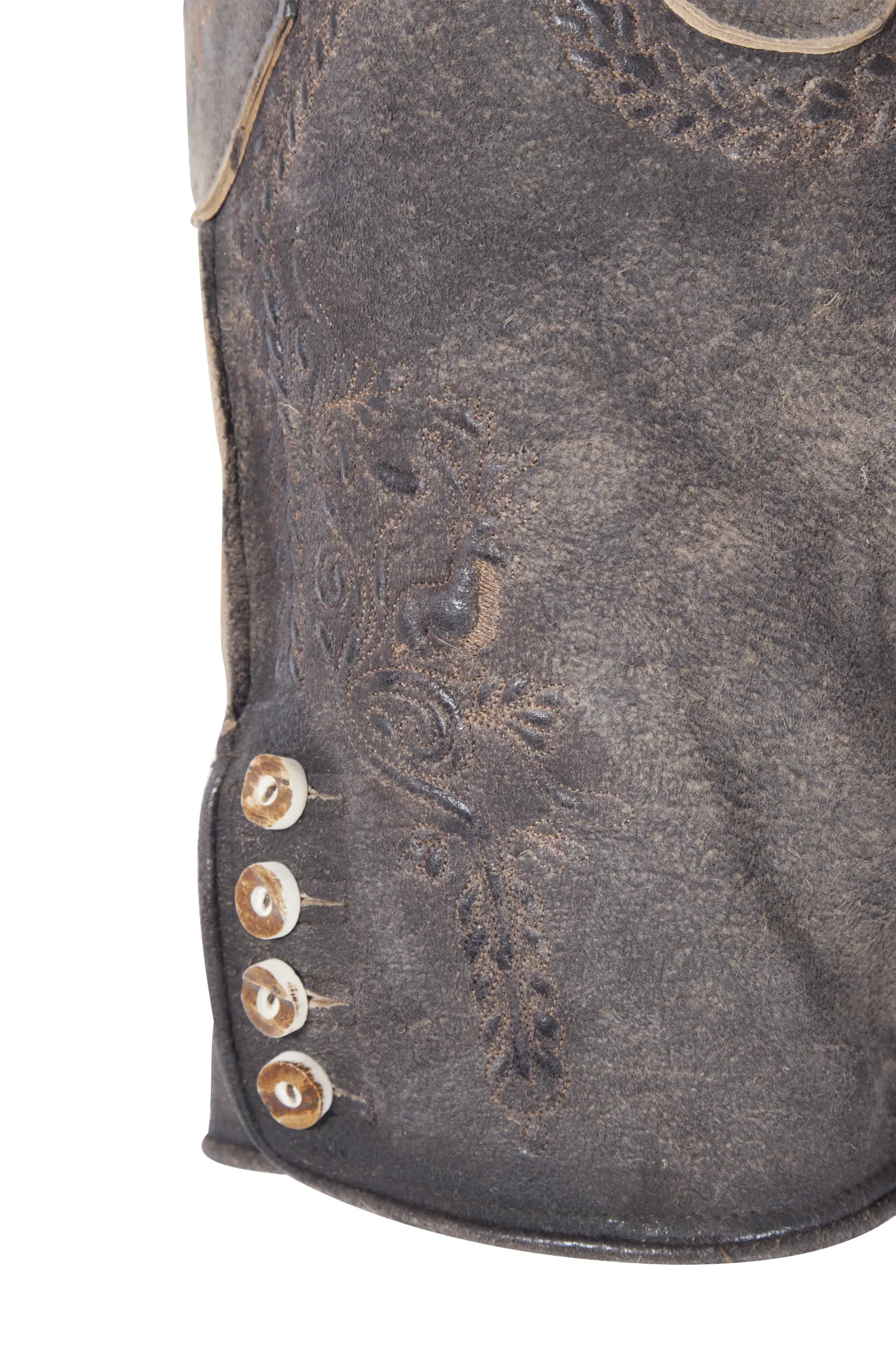 Rustikale Lederhose in dunkelbraun mit Gürtel - Detail Bein