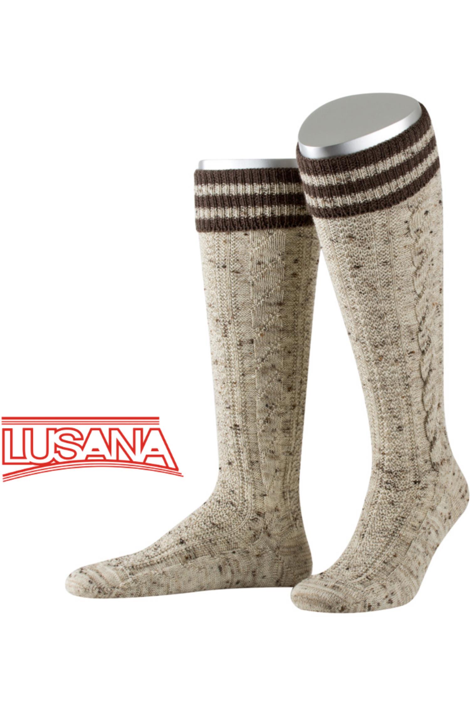 Trachtenkniestrumpf von Lusana in Beige mit Braunen Applikationen Lusana Trachtenkniestrumpf in Beige mit Braunen Applikationen