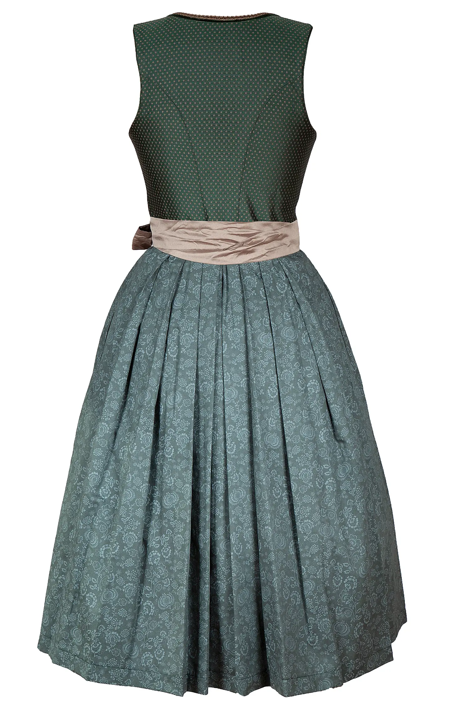 Dirndl in grün mit glänzender Schürze - Rückenansicht