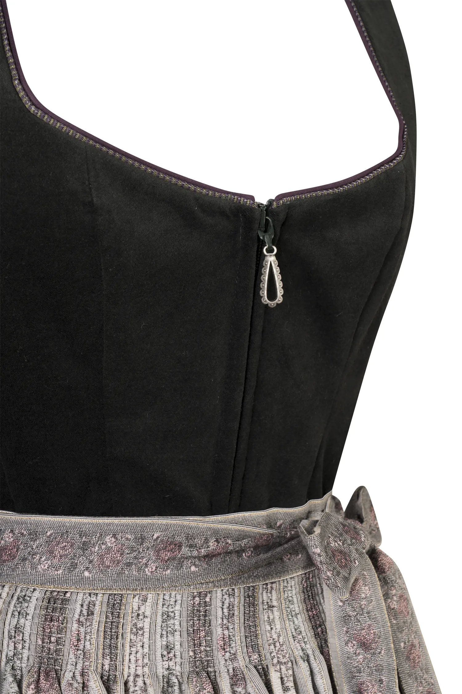 Samt Dirndl in moos / pflaume mit Stretch - Detail Mieder