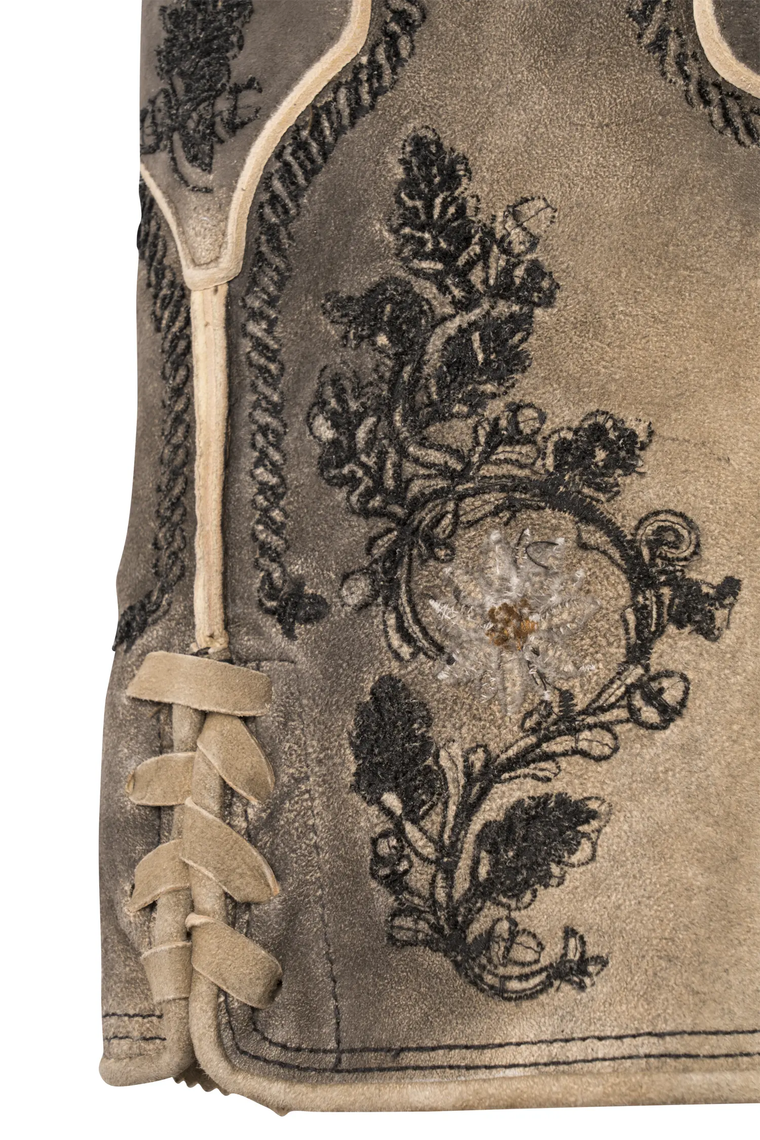 Kurze Lederhose Franz in hellgrau mit Edelweiß - Detail Bein