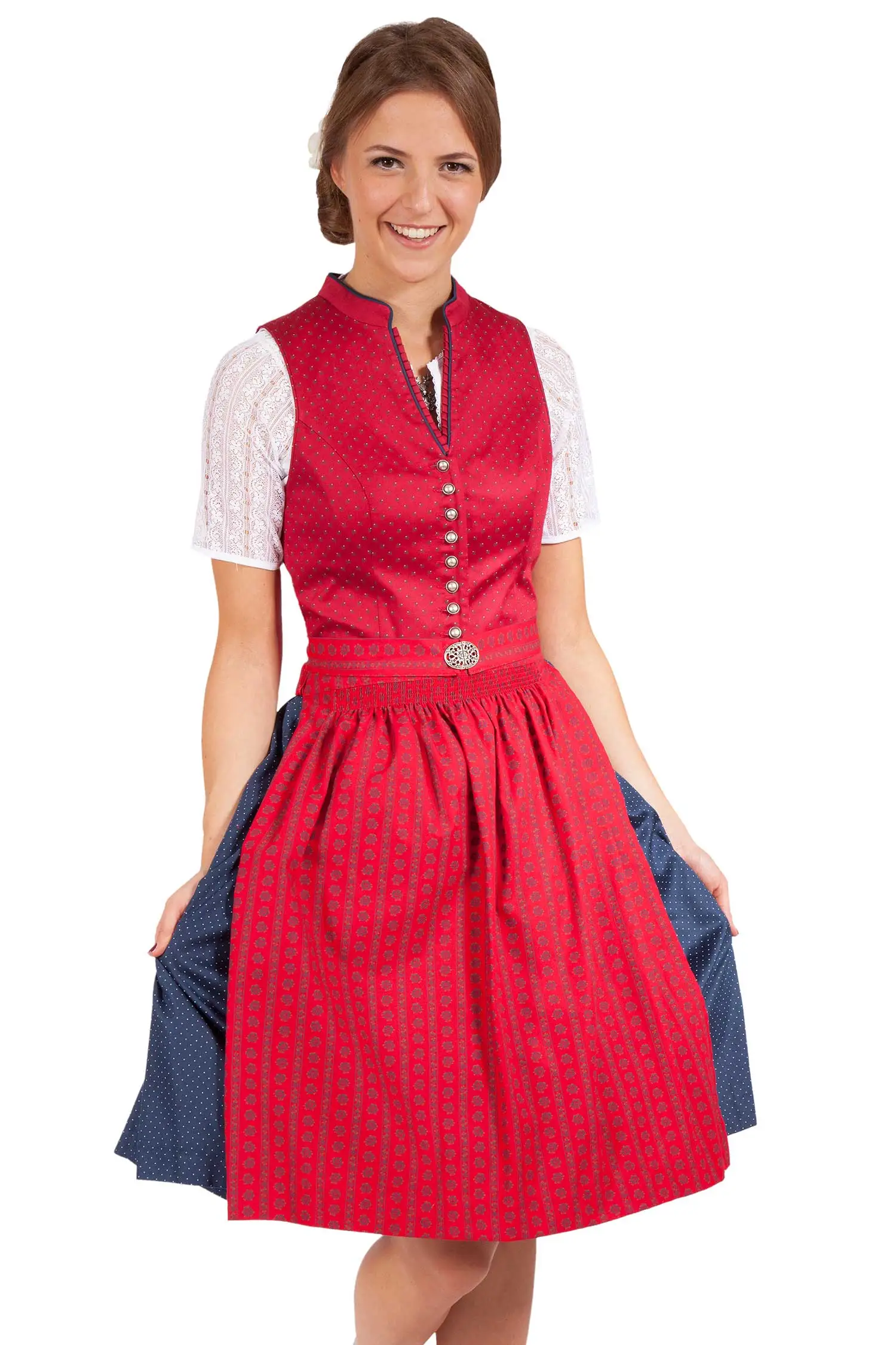 Mini Dirndl Veronika leuchtrot hochgeschlossen Model