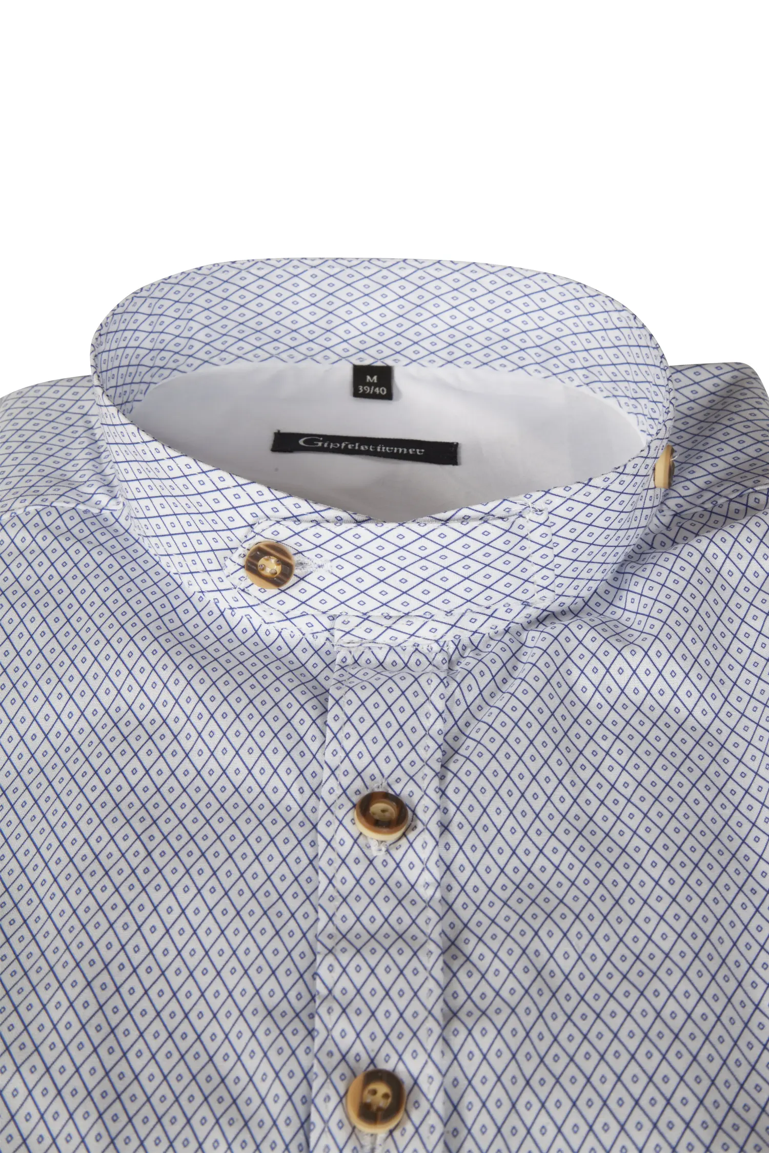 1509-0021-BL4-23-06-b0443 Trachtenhemd in weiß mit blauem Muster - Detail Kragen