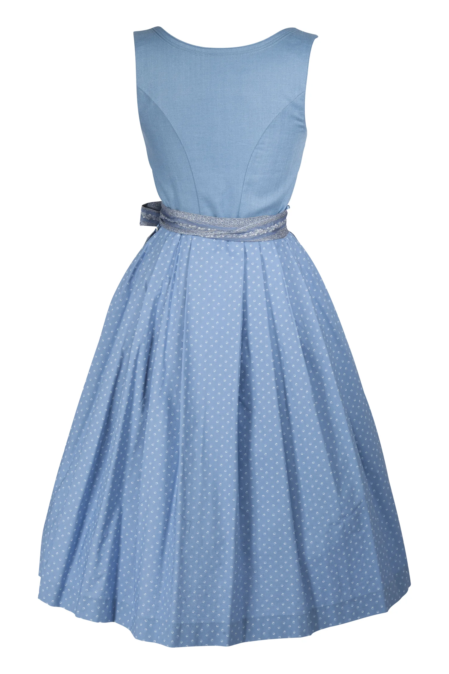 Dirndl Berta in blau und Leinen-Mieder - Rückansicht