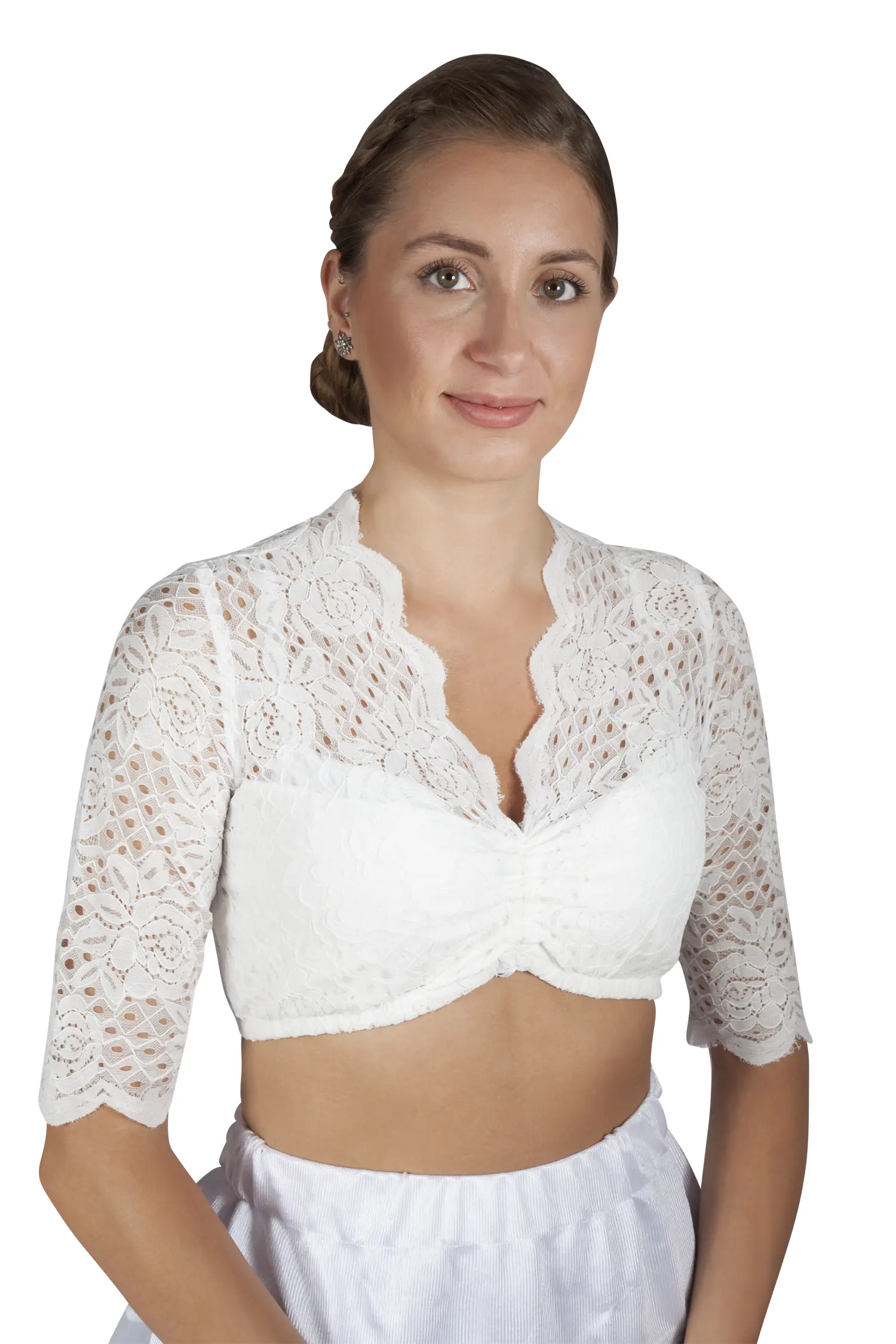 Spitzenbluse in off white mit V-Ausschnitt