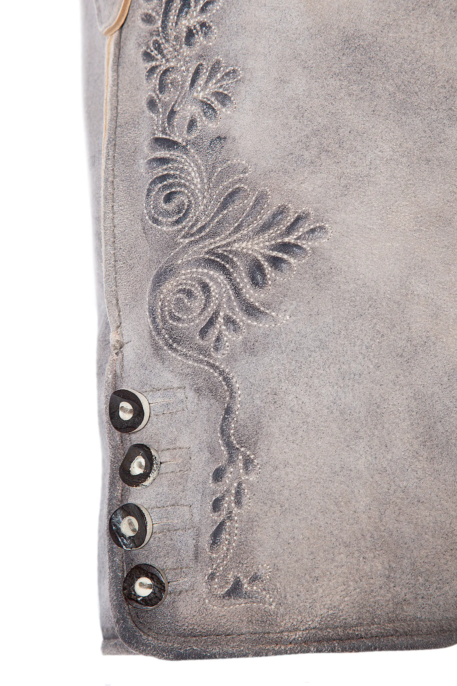 Lederhose Oliver kurz in grau - Detail Stick