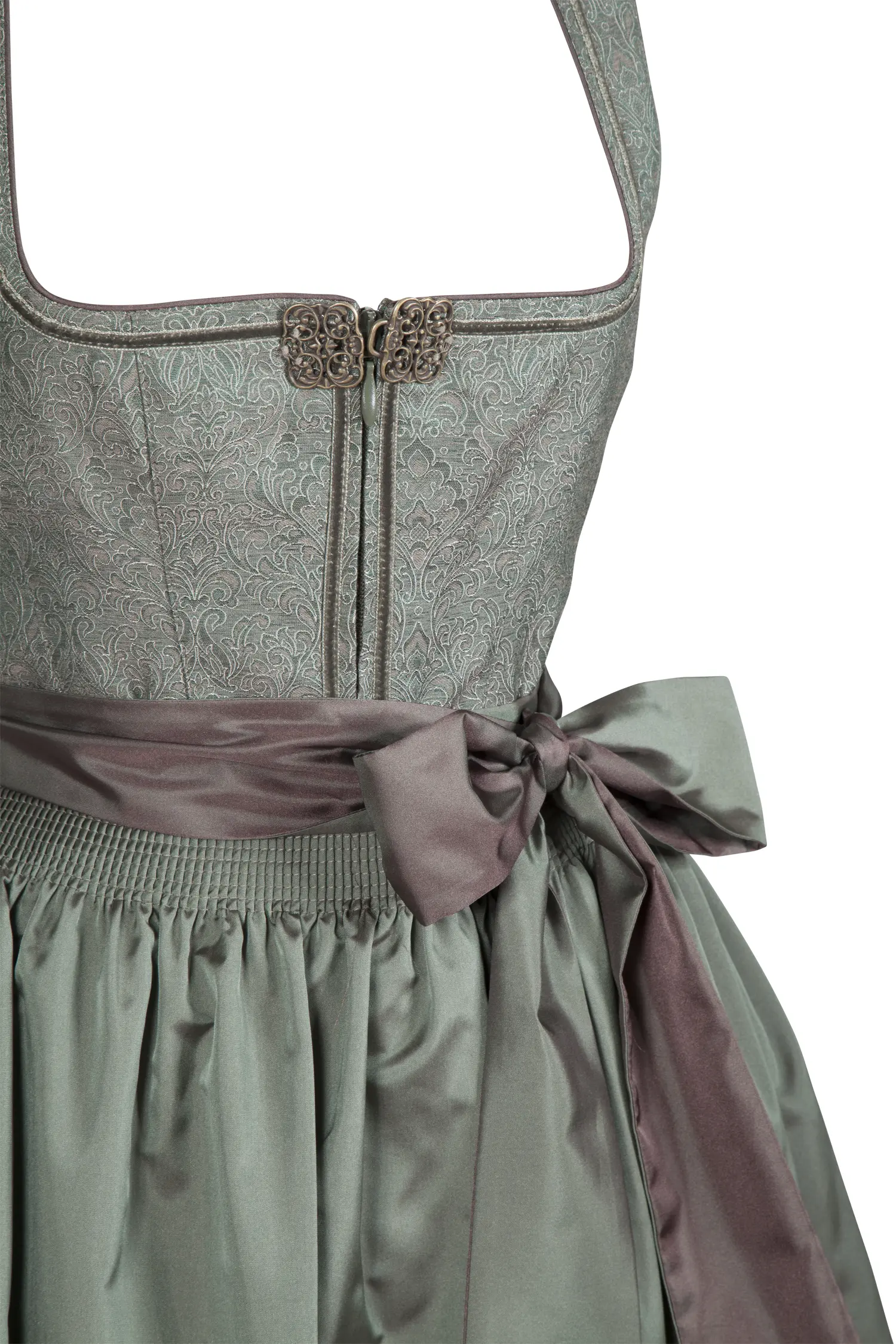 Extravagantes Schimmer-Dirndl in oliv - Detail Mieder