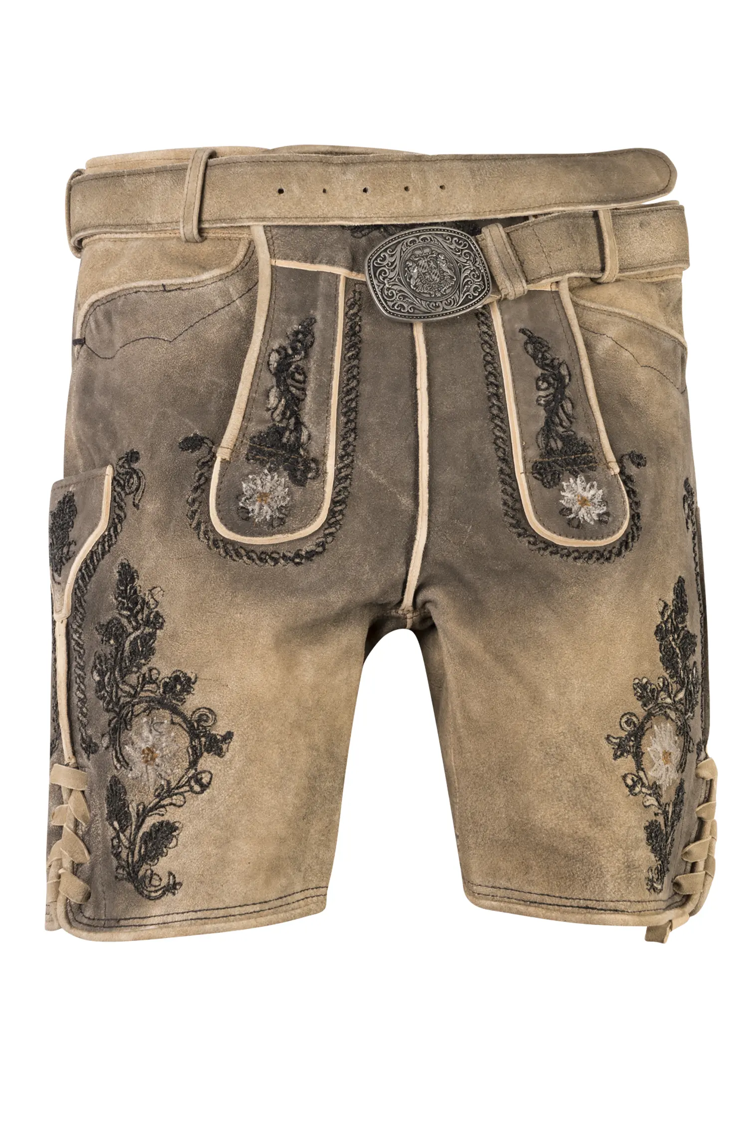 Kurze Lederhose Franz in hellgrau mit Edelweiß