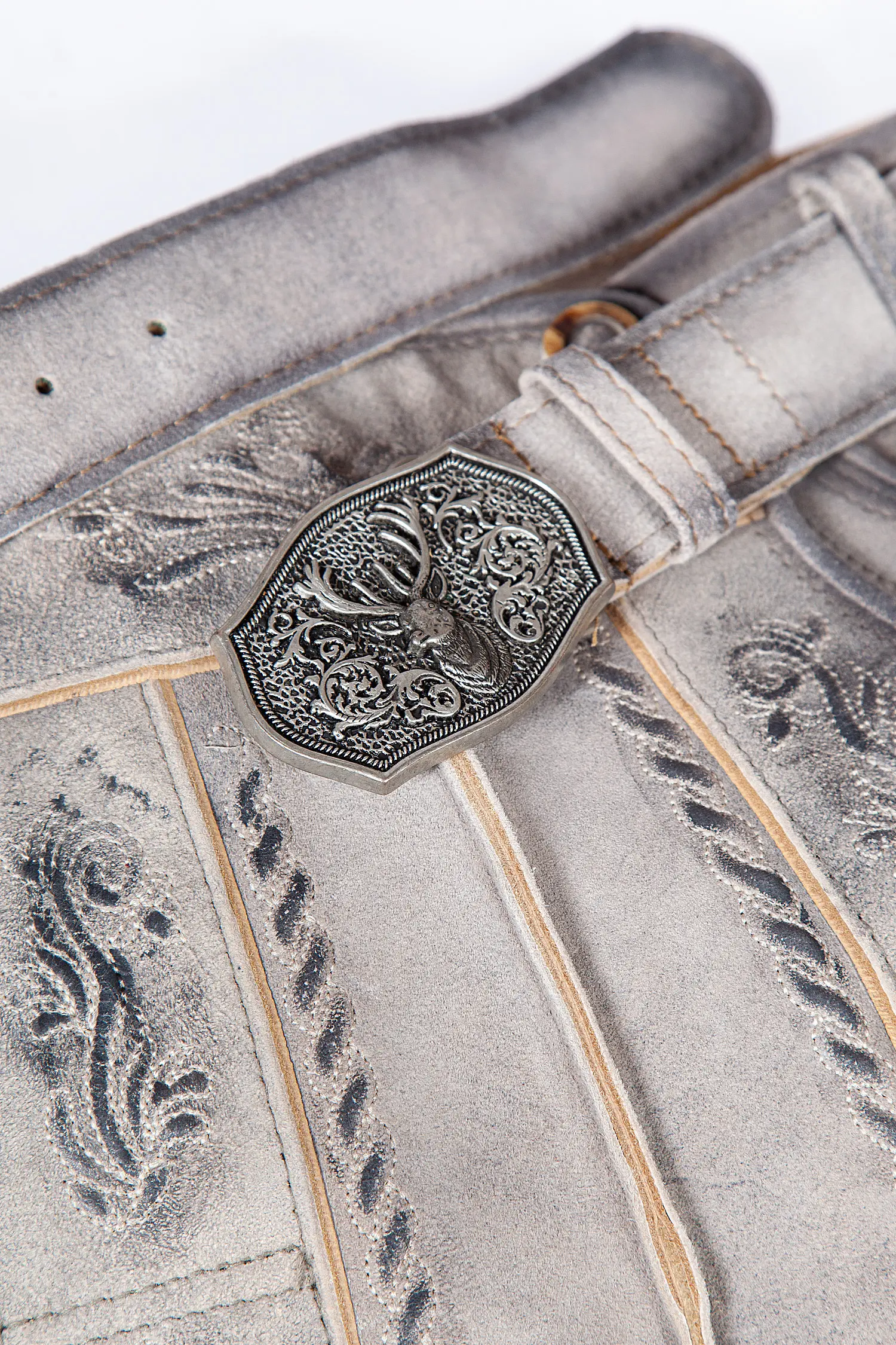 Lederhose Oliver kurz in grau - Detail Schließe