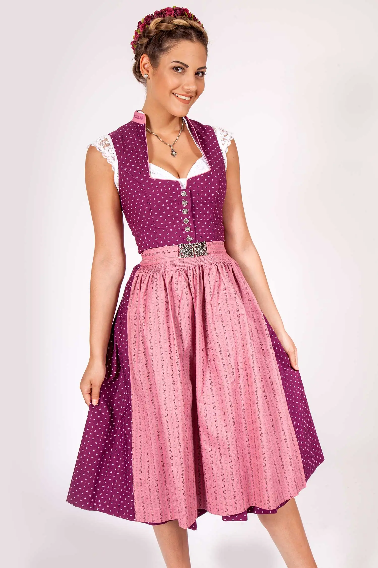 Midi Dirndl Iris in bordeaux und altrosa mit Stehkragen Model