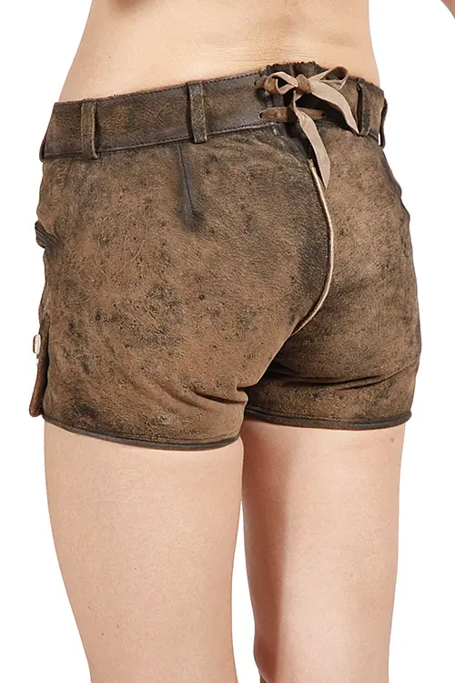 Kurze Lederhose Rosy für Damen in stein geäscht und bestickt hinten