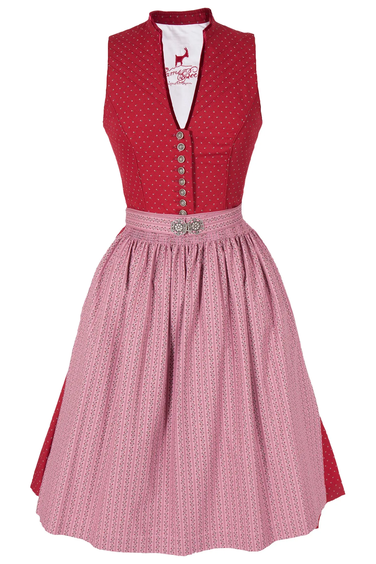 Midi Dirndl Ulrike hochgeschlossen in rot und altrosa 
