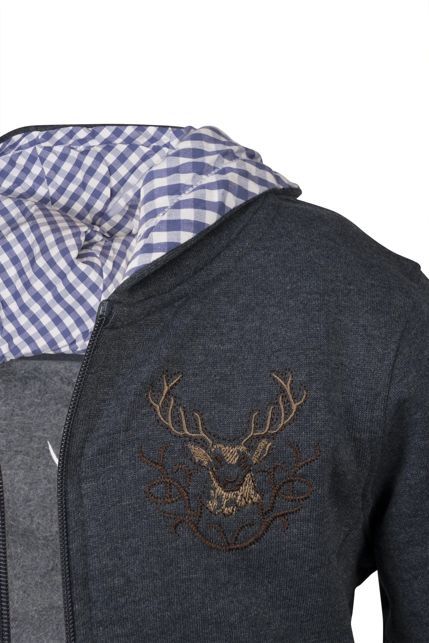 Kinder Trachten Sweatjacke in anthrazit mit Kapuze Detail Brusttasche