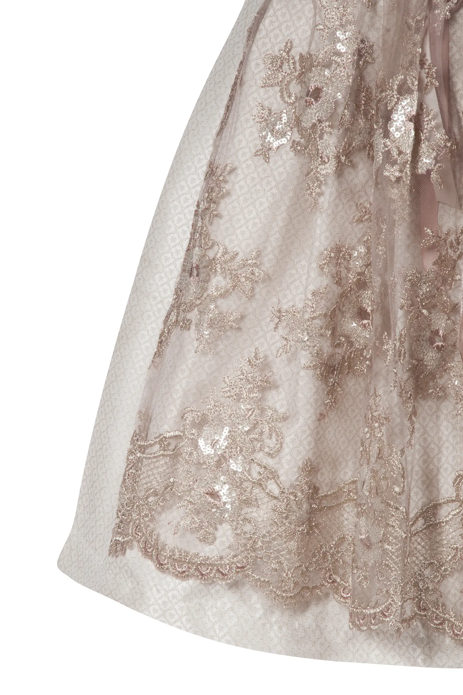 Mini Dirndl in taupe mit Spitzenschürze - Detail Rock