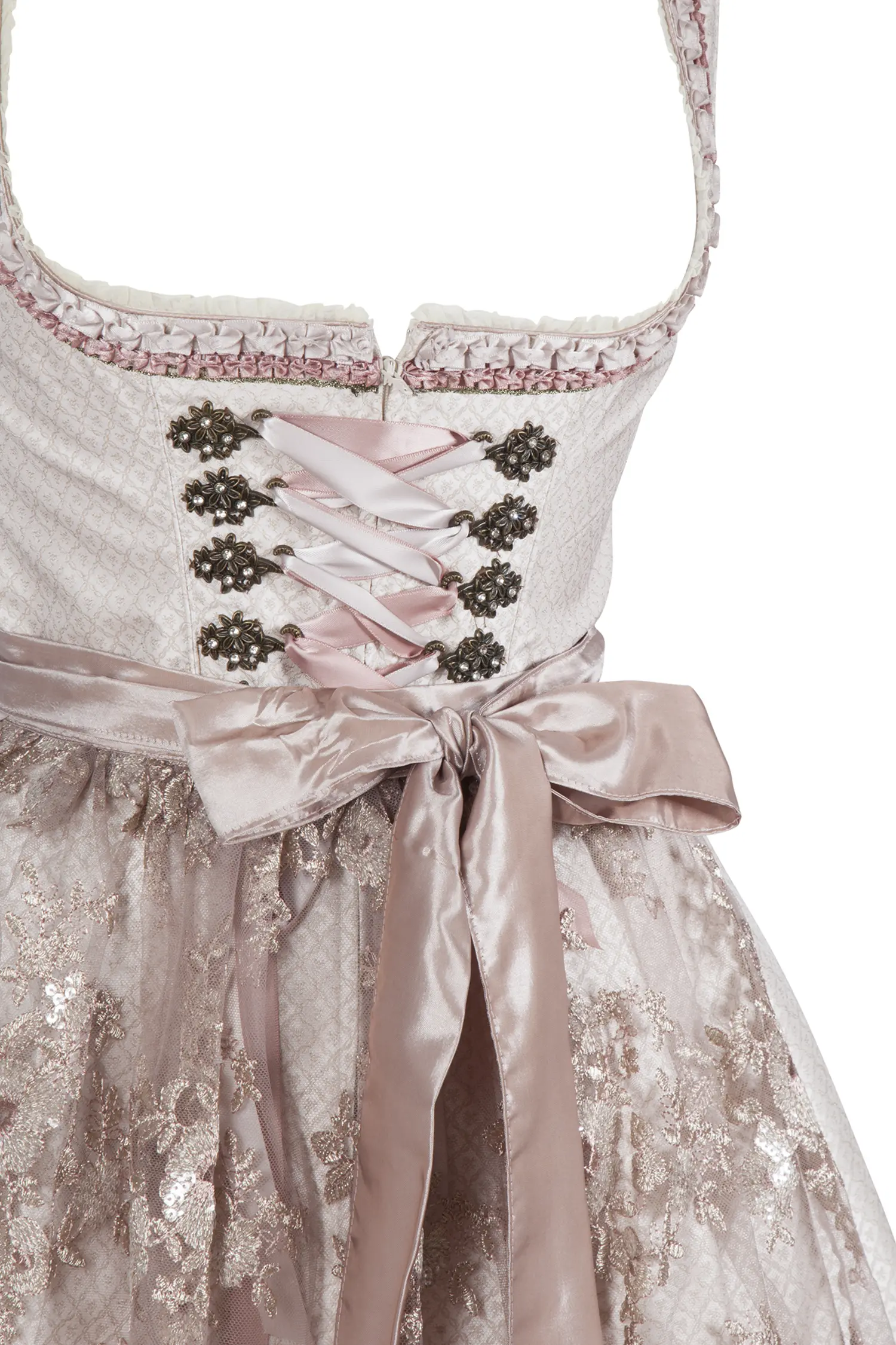 Mini Dirndl in taupe mit Spitzenschürze - Detail Mieder