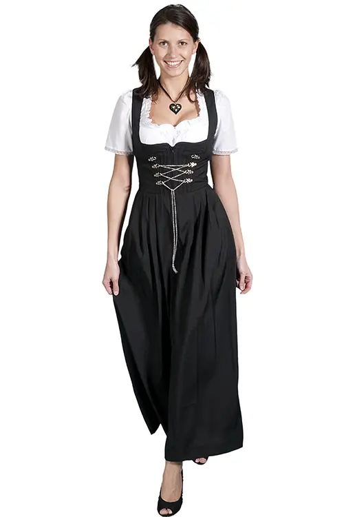 3046-1217-sw5-05 Langes Dirndl Amber schwarz mit Kettenschnürung