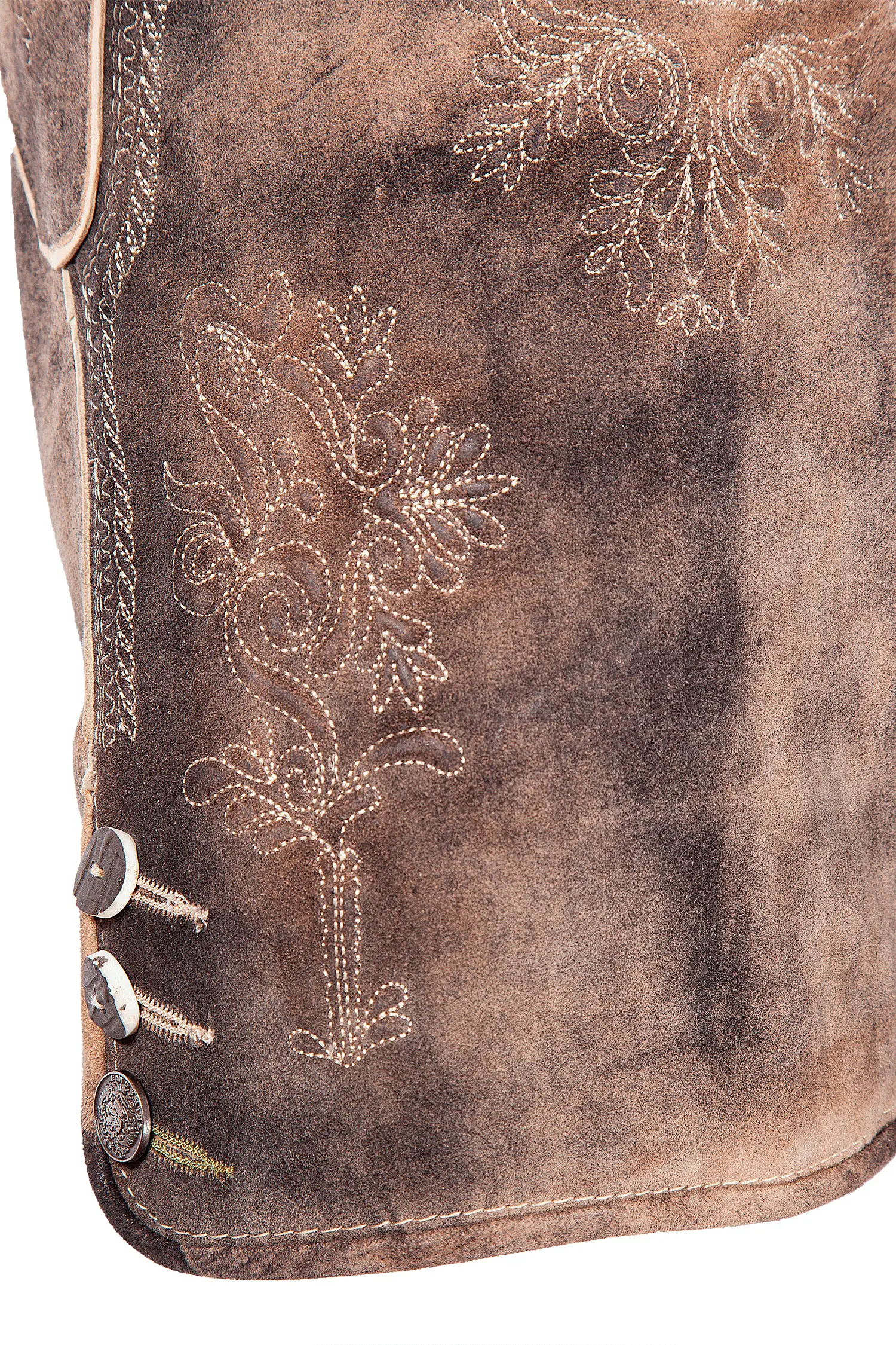 Kurze Wildlederhose in dunklem Trüffelbraun - Detail Hosenbein