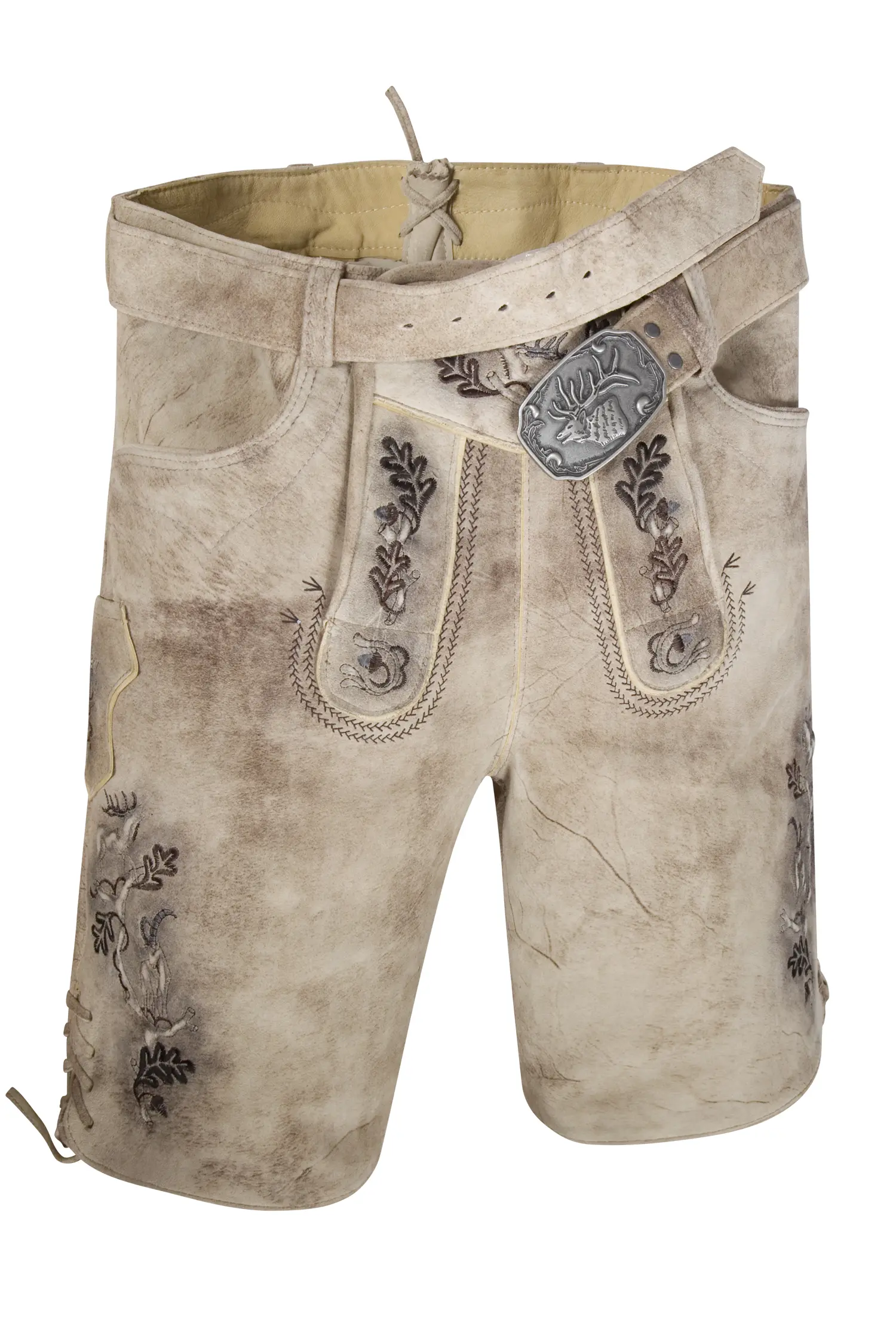 Kurze Lederhose Butler in grau/braun mit Gürtel