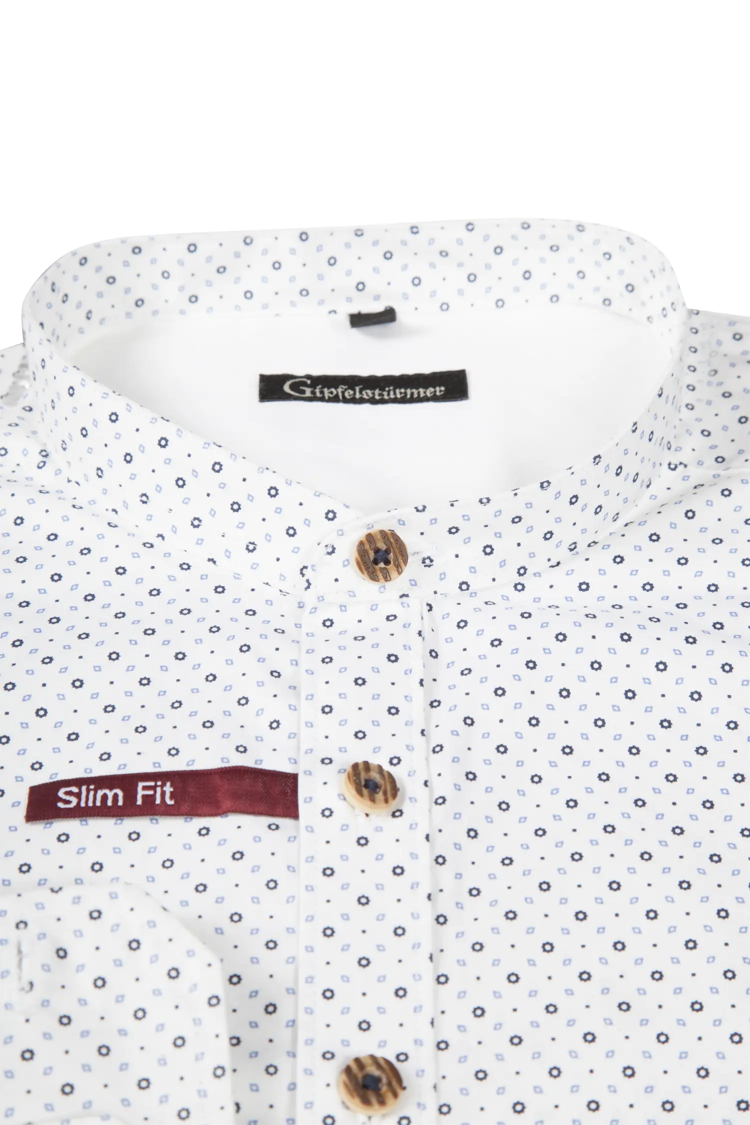 Trachtenhemd in weiß mit Muster in dunkelblau/hellblau - Detail Kragen