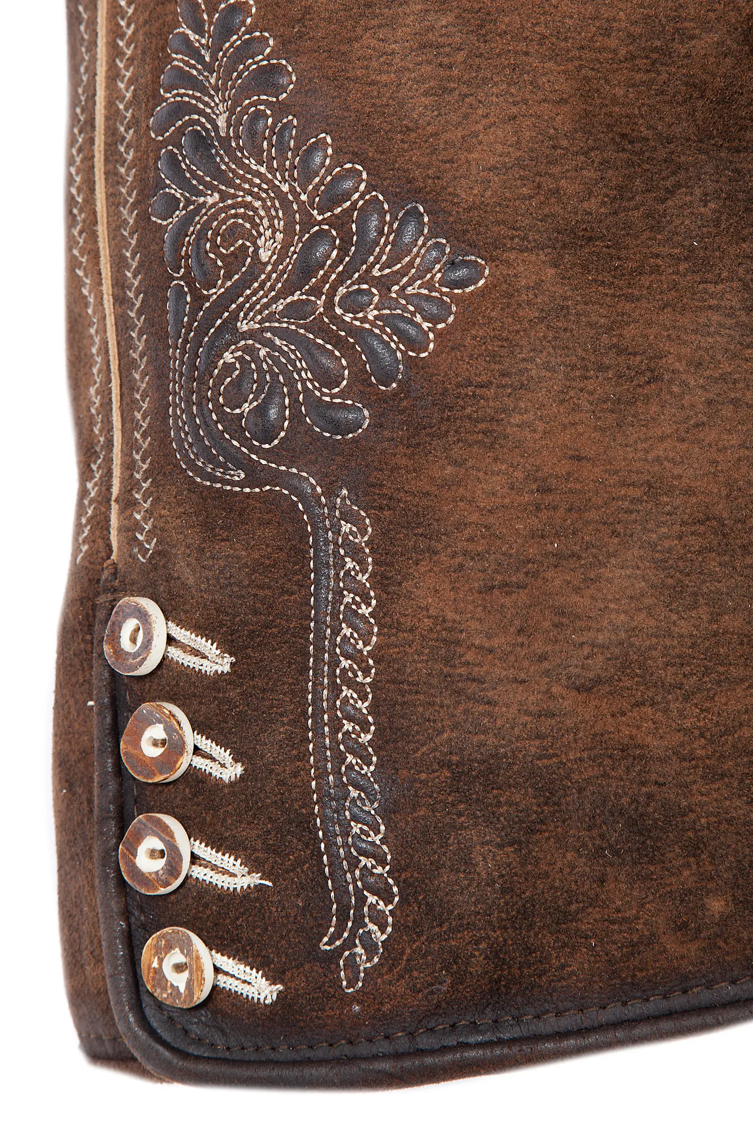 Kurze Lederhose Bertl in stein - Detail Bein