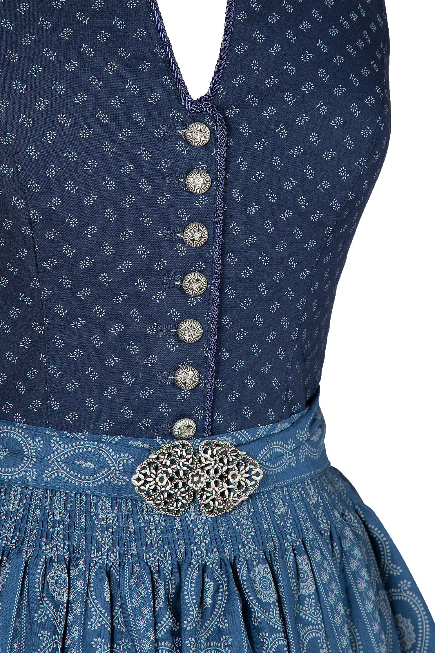 Hochgeschlossenes Dirndl in dunkelblau mit Schließe - Detail Mieder