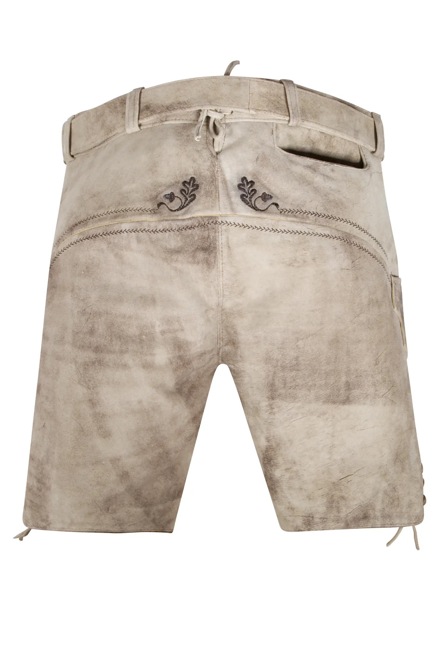 Kurze Lederhose Butler in grau/braun mit Gürtel - Rückansicht